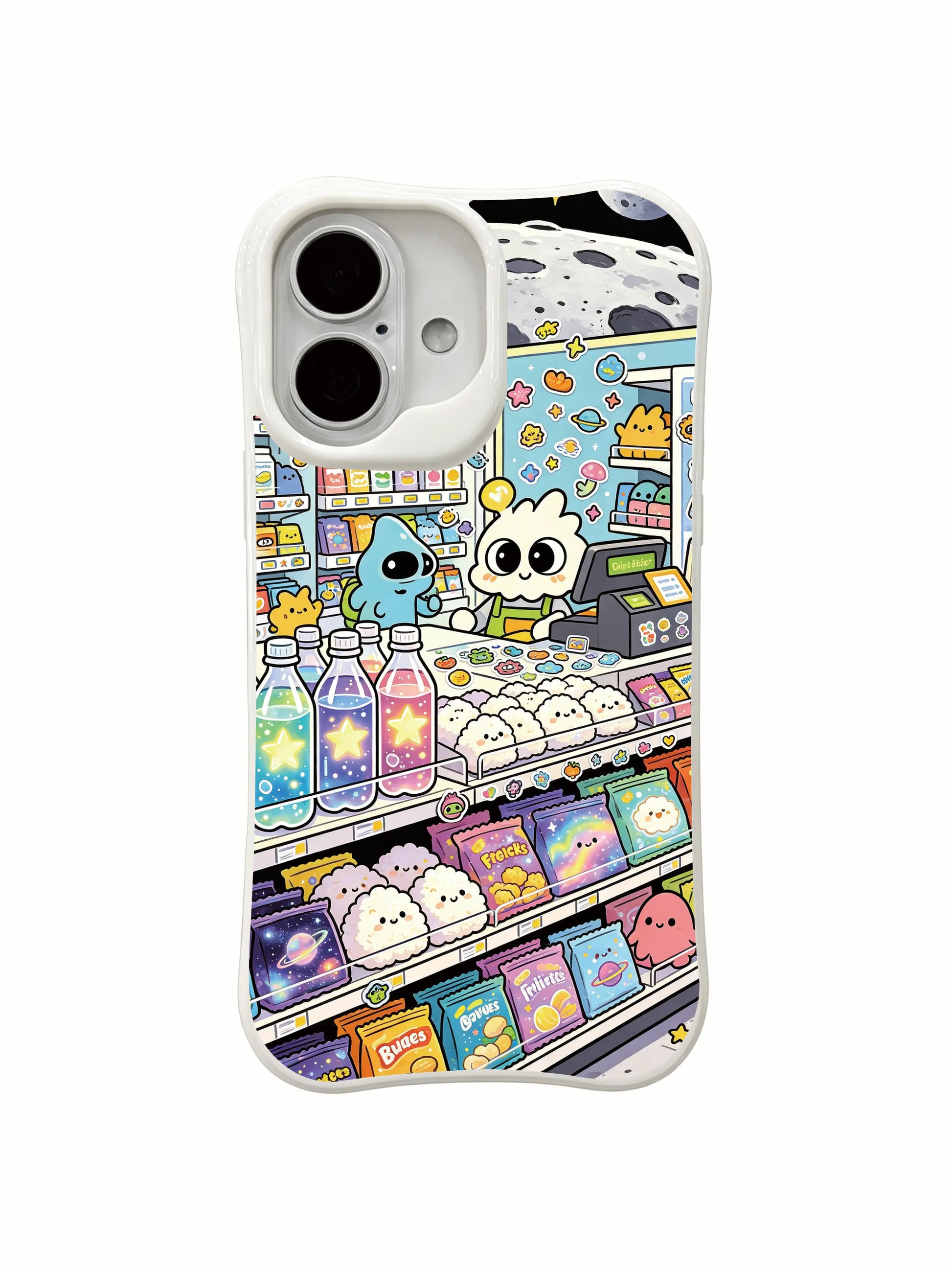 PhoneCasing soft imaginative moon art iPhone 16 Plus Case, relaxing fantasy design with lovely alien creatures.