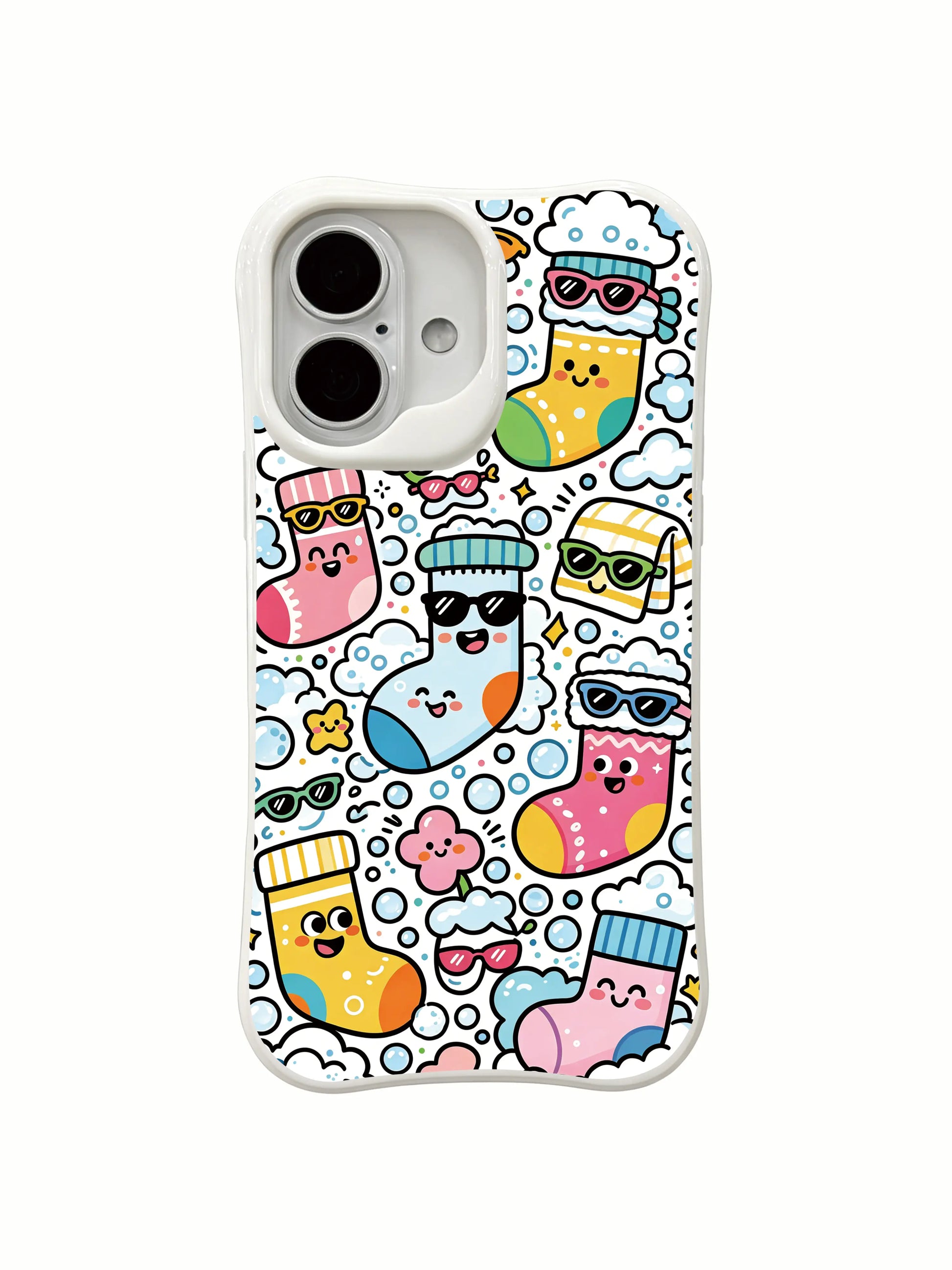 PhoneCasing soft imaginative sock art iPhone 16 Plus Case, relaxing fantasy design with lovely sock monsters.
