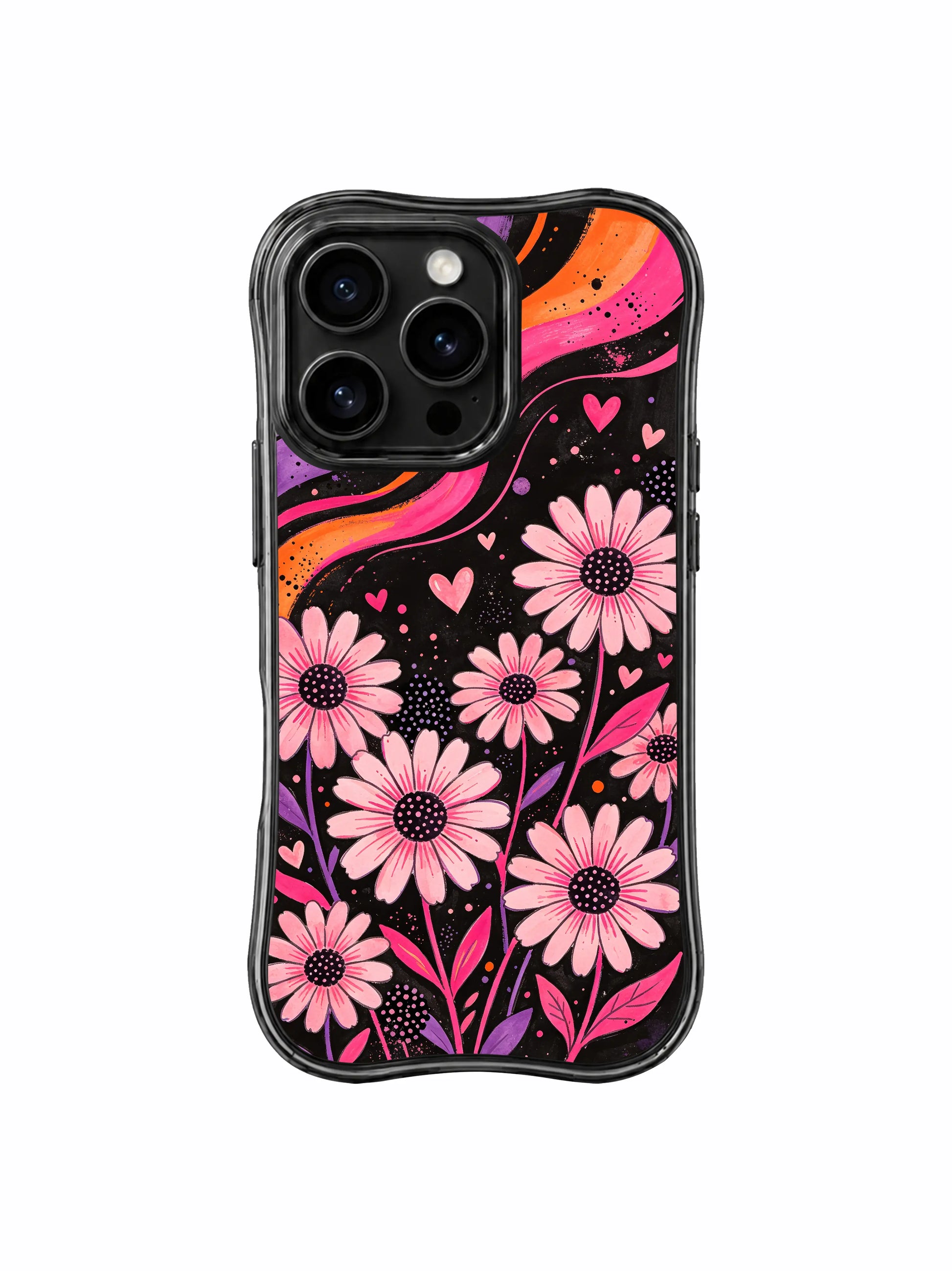 PhoneCasing iPhone 16 pro Case with full-coverage balanced textured dark grunge layout slow drifting purple-orange fluid ribbons freely blooming soft blush daisy concealed pink heart dot signal design delivering tender hopeful dark dream mood without oversweet childish tones, Ruby Daze soft bold feminine design, slim lightweight wavy premium case.