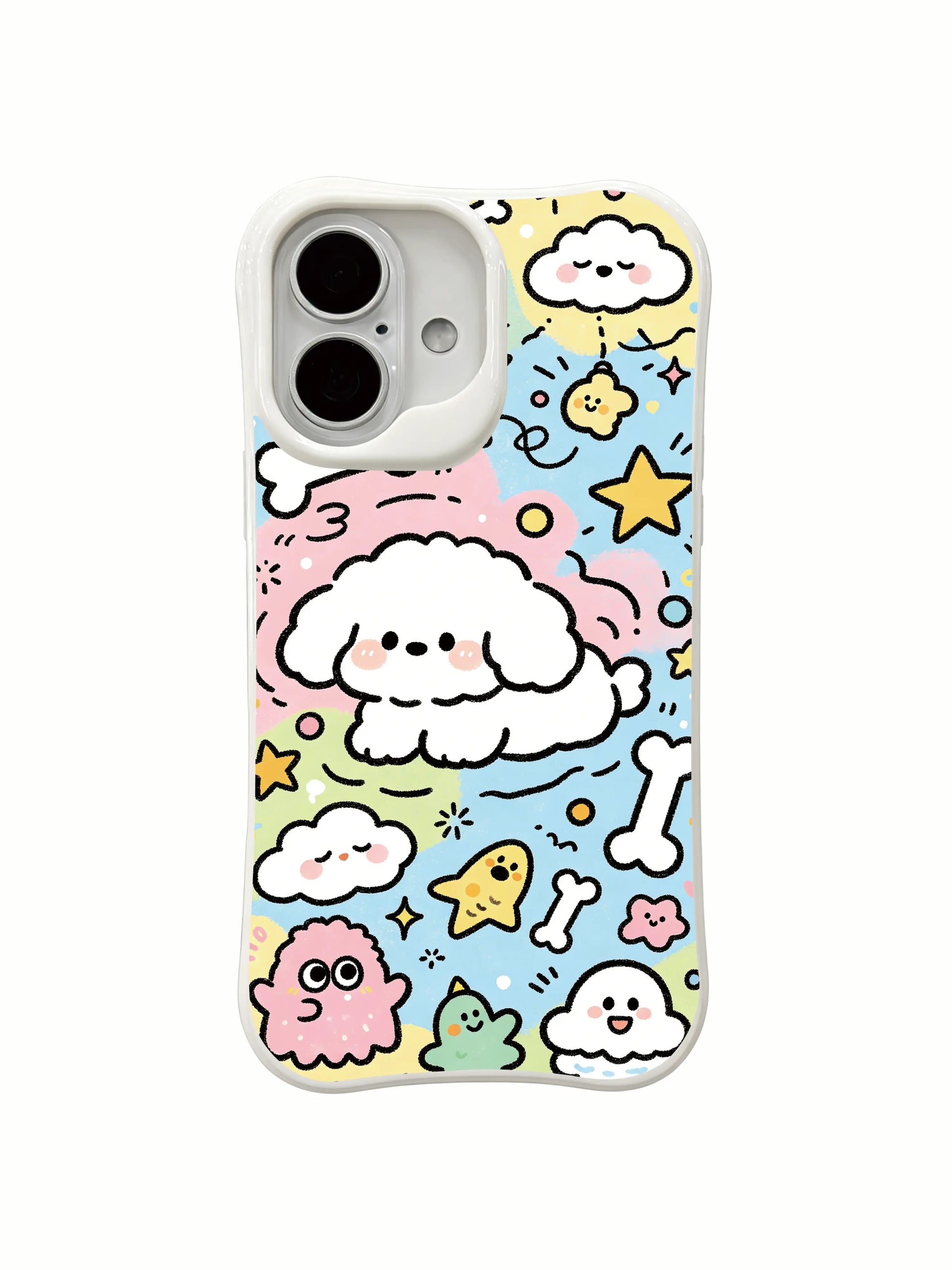 PhoneCasing soft pastel iPhone 16 Plus Case, Milo Yun’s Cloud Dog Dreamland with fluffy puppy and dreamy night sky.