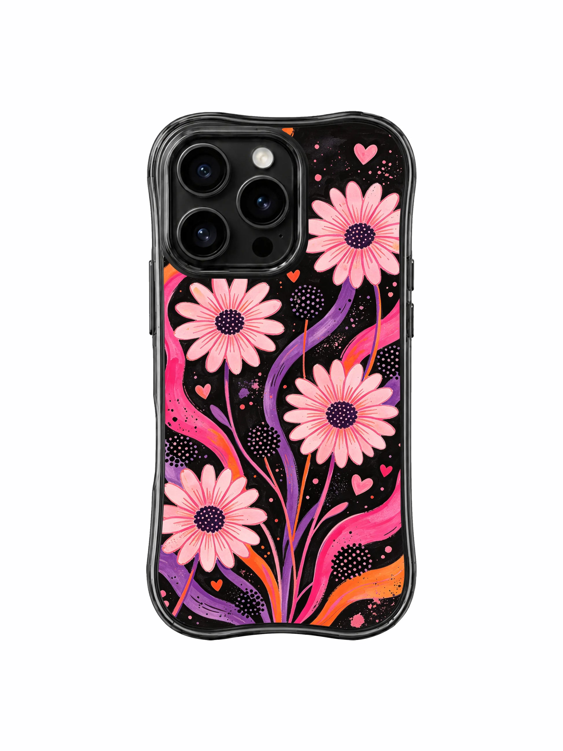 PhoneCasing iPhone 16 pro Case with organic seamless blended slow drift lavender & warm orange fluid gradient ribbons crossing textured dark scratch grain canvas, paired with soft loose blush daisy blooms and miniature concealed pink hearts, Ruby Daze moody retro floral illustration, tough premium phone casing
