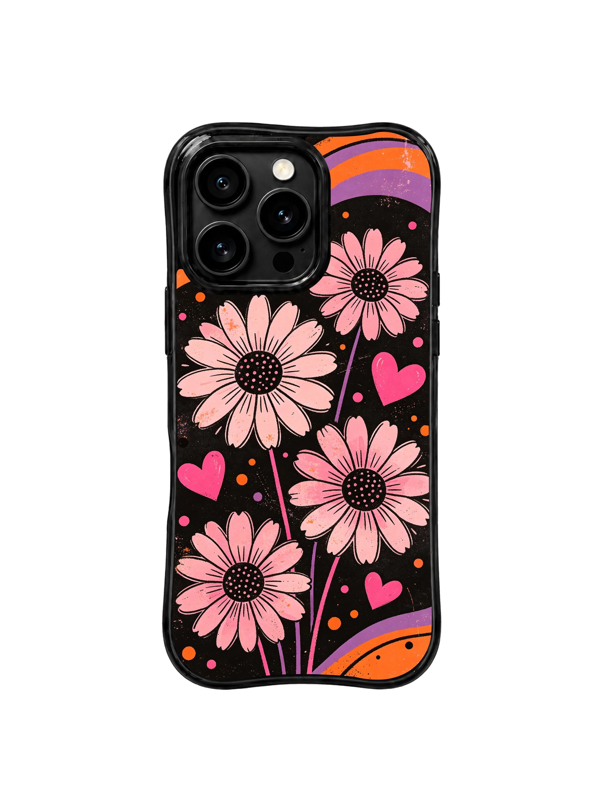 PhoneCasing iPhone 16 pro Case with moody worn vintage dark dream wall poster composition built on distressed scratch grain matte black base slow drifting purple-orange fluid ribbons and freely blooming blush daisy hidden pink heart dot signal silhouettes, exclusive Ruby Daze artist collab heavy-duty protective art case.