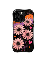 PhoneCasing iPhone 16 pro Case with faint uneven faded scratch grain and subtle uneven distressing as layered moody vintage poster texture details, exclusive Ruby Daze wearable wavy black frame dark dreamy floral sketch art.