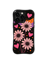 PhoneCasing iPhone 16 pro Case with full-coverage balanced textured dark grunge layout slow drifting purple-orange fluid ribbons freely blooming soft blush daisy concealed pink heart dot signal design delivering tender hopeful dark dream mood without oversweet childish tones, Ruby Daze soft bold feminine design, slim lightweight wavy premium case.