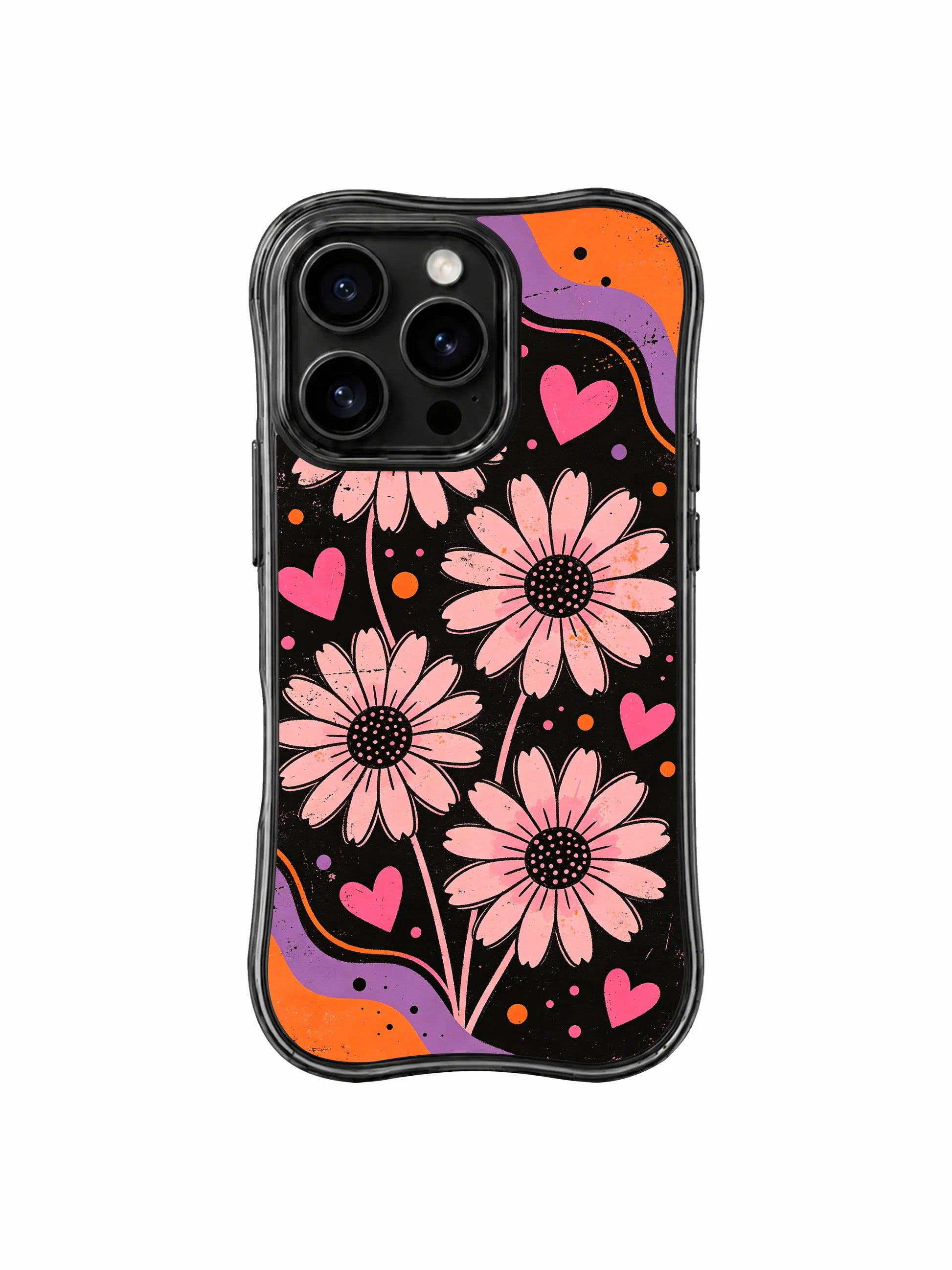 PhoneCasing iPhone 16 pro Case with moody worn vintage dark dream wall poster composition built on distressed scratch grain matte black base slow drifting purple-orange fluid ribbons and freely blooming blush daisy hidden pink heart dot signal silhouettes, exclusive Ruby Daze artist collab heavy-duty protective art case.