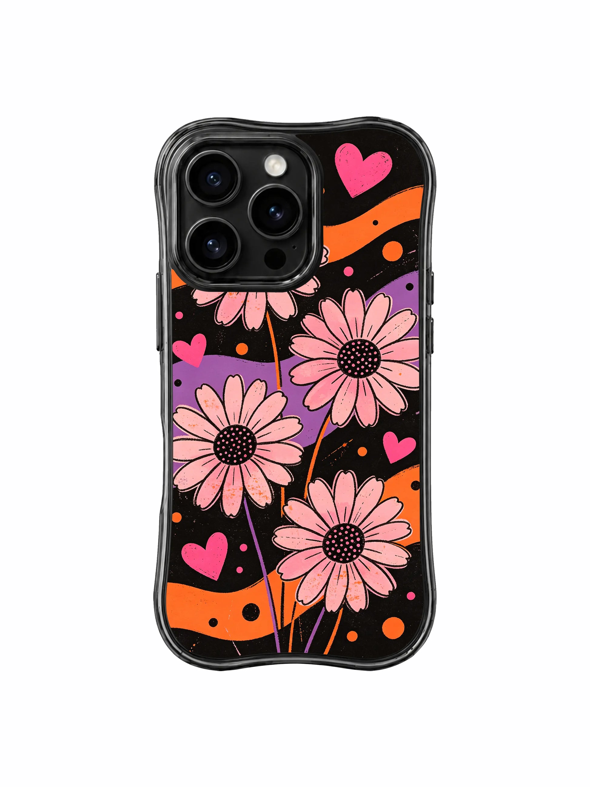 PhoneCasing iPhone 16 pro Case featuring moody worn vintage scratch grain dark grunge backdrop layered slow blended lavender orange fluid gradient ribbons and loose watercolor blush daisies with tiny hidden pink heart dot signals from Ruby Daze Soft Pink Flower Signal, wavy black frame premium art casing for iPhone 16 pro.