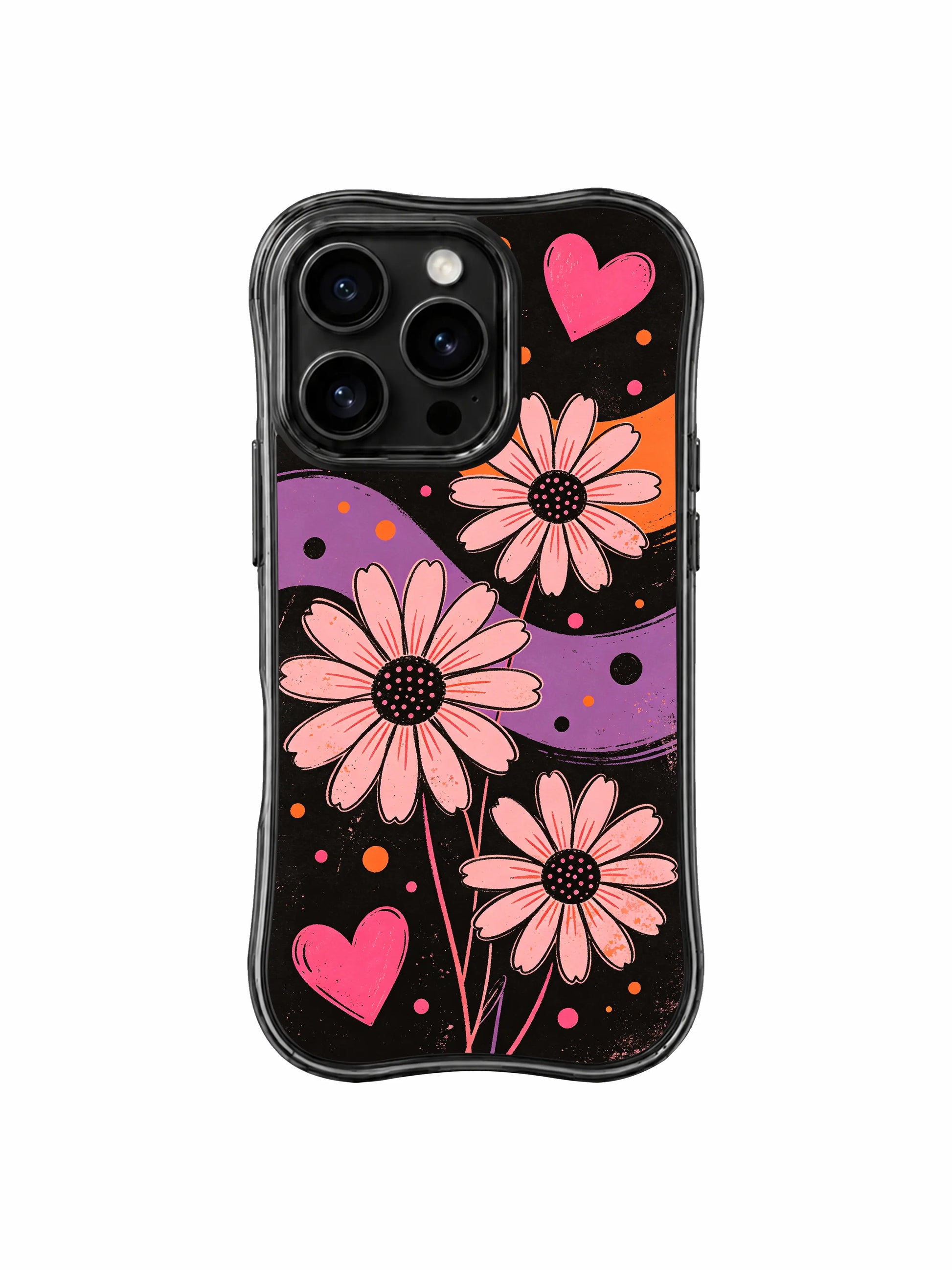 PhoneCasing iPhone 16 pro Case with faint uneven faded scratch grain and subtle uneven distressing as layered moody vintage poster texture details, exclusive Ruby Daze wearable wavy black frame dark dreamy floral sketch art.