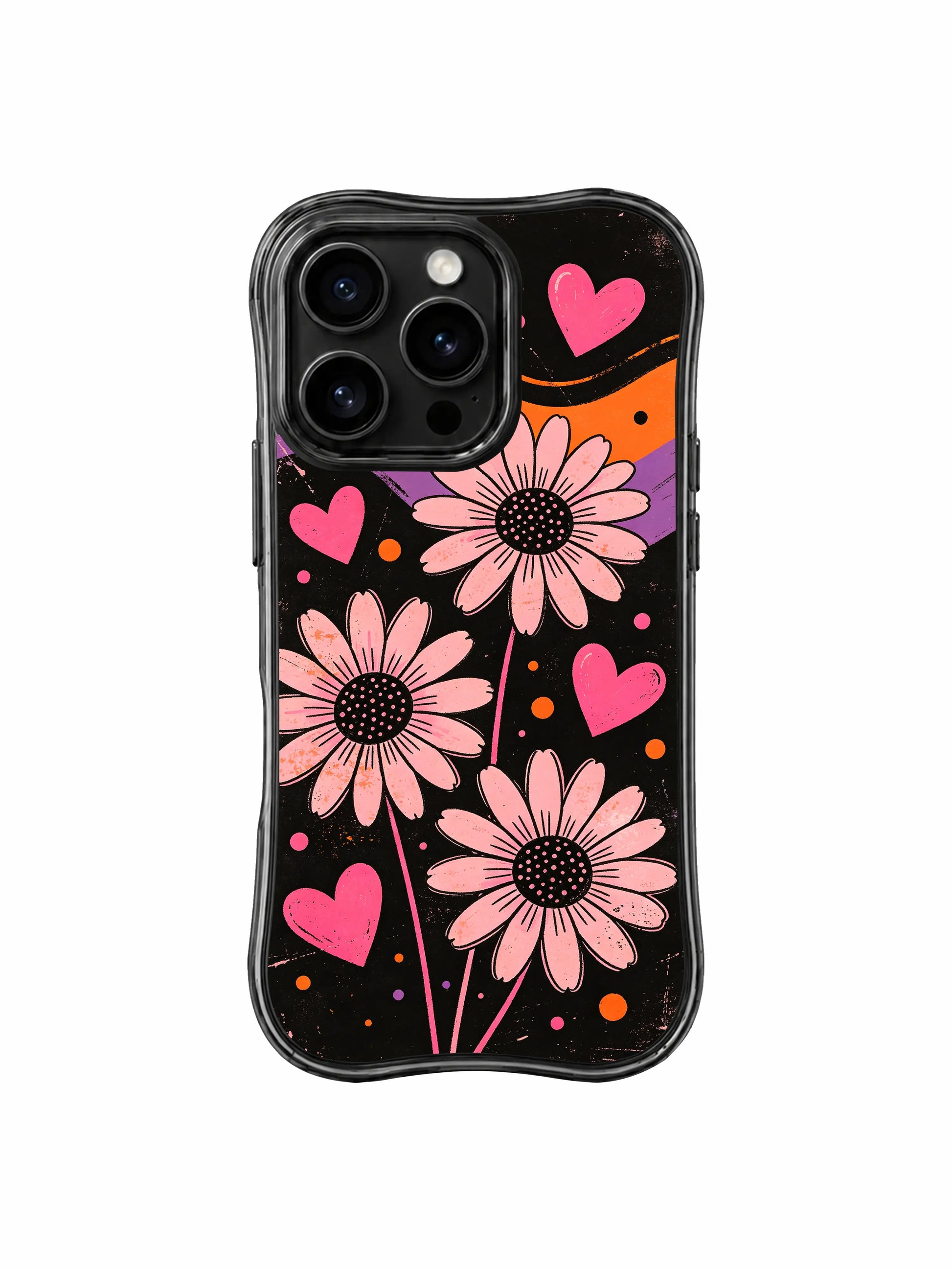 PhoneCasing iPhone 16 pro Case with full-coverage balanced textured dark grunge layout slow drifting purple-orange fluid ribbons freely blooming soft blush daisy concealed pink heart dot signal design delivering tender hopeful dark dream mood without oversweet childish tones, Ruby Daze soft bold feminine design, slim lightweight wavy premium case.