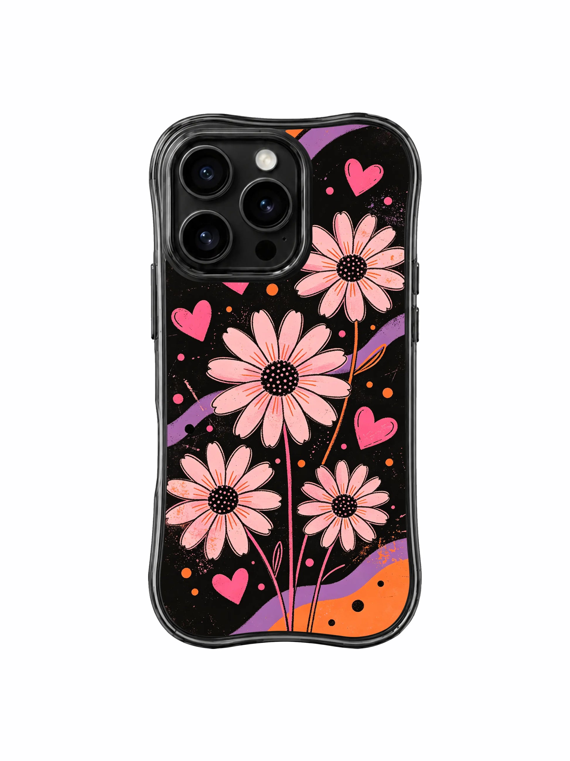 PhoneCasing iPhone 16 pro Case with soft loose wash pale blush daisy petals and subtle tucked solid pink heart silhouettes plus bright tiny dot signal speckles adding gentle hopeful warmth to gritty textured grunge black backdrop, Ruby Daze tender bold pop floral art, scratch resistant wavy casing.