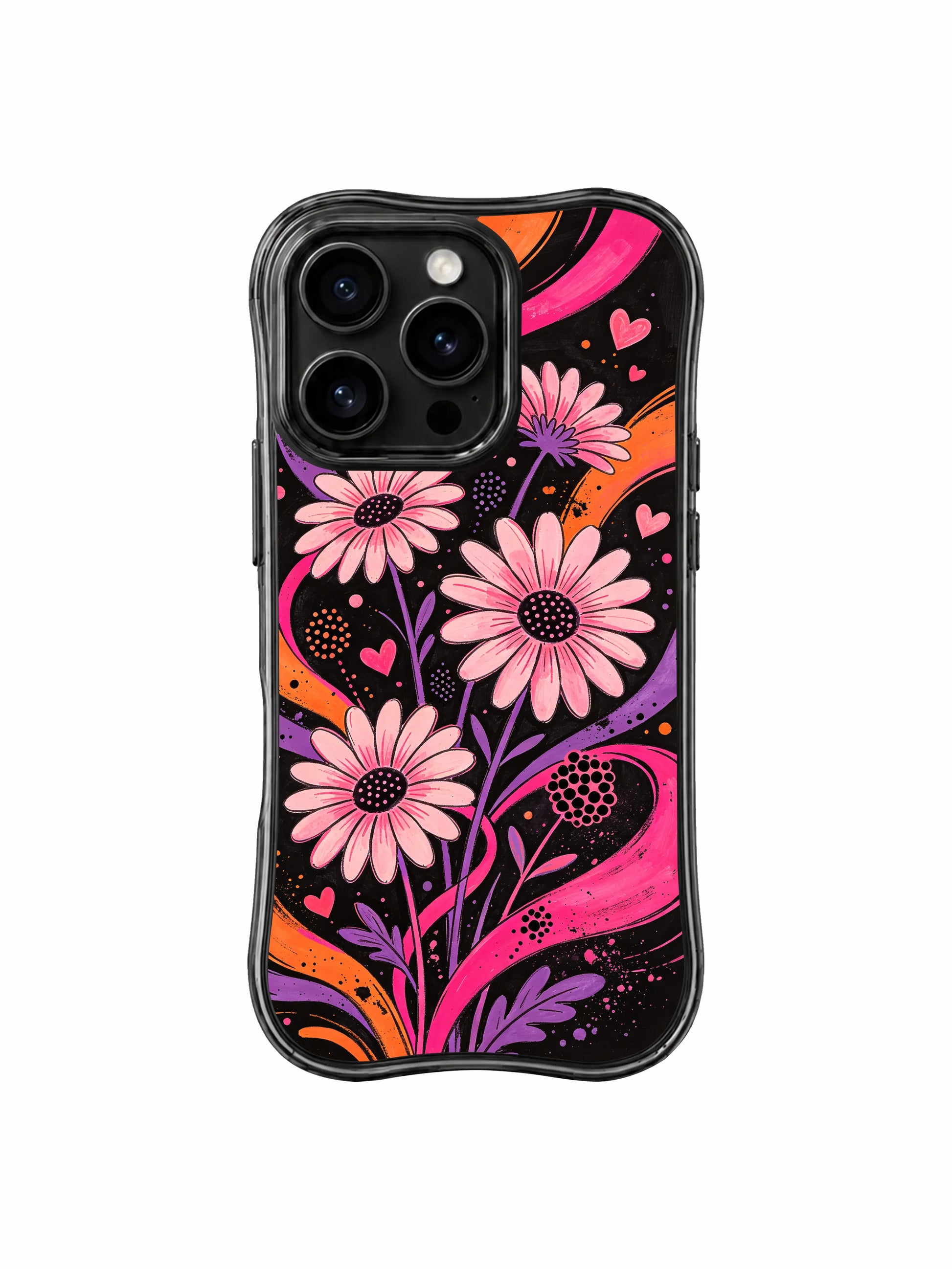 PhoneCasing iPhone 16 pro Case with imperfect organic soft loose watercolor wash outlines for pale blush daisy petals adding delicate gentle counterbalance to gritty worn dark grunge grain texture, Ruby Daze handmade moody sweet grunge pop art, gallery grade wavy print casing.