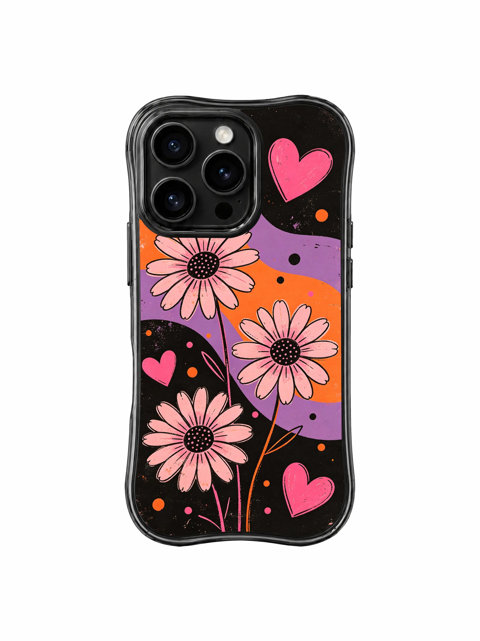PhoneCasing iPhone 16 pro Case with imperfect organic soft loose watercolor wash outlines for pale blush daisy petals adding delicate gentle counterbalance to gritty worn dark grunge grain texture, Ruby Daze handmade moody sweet grunge pop art, gallery grade wavy print casing.