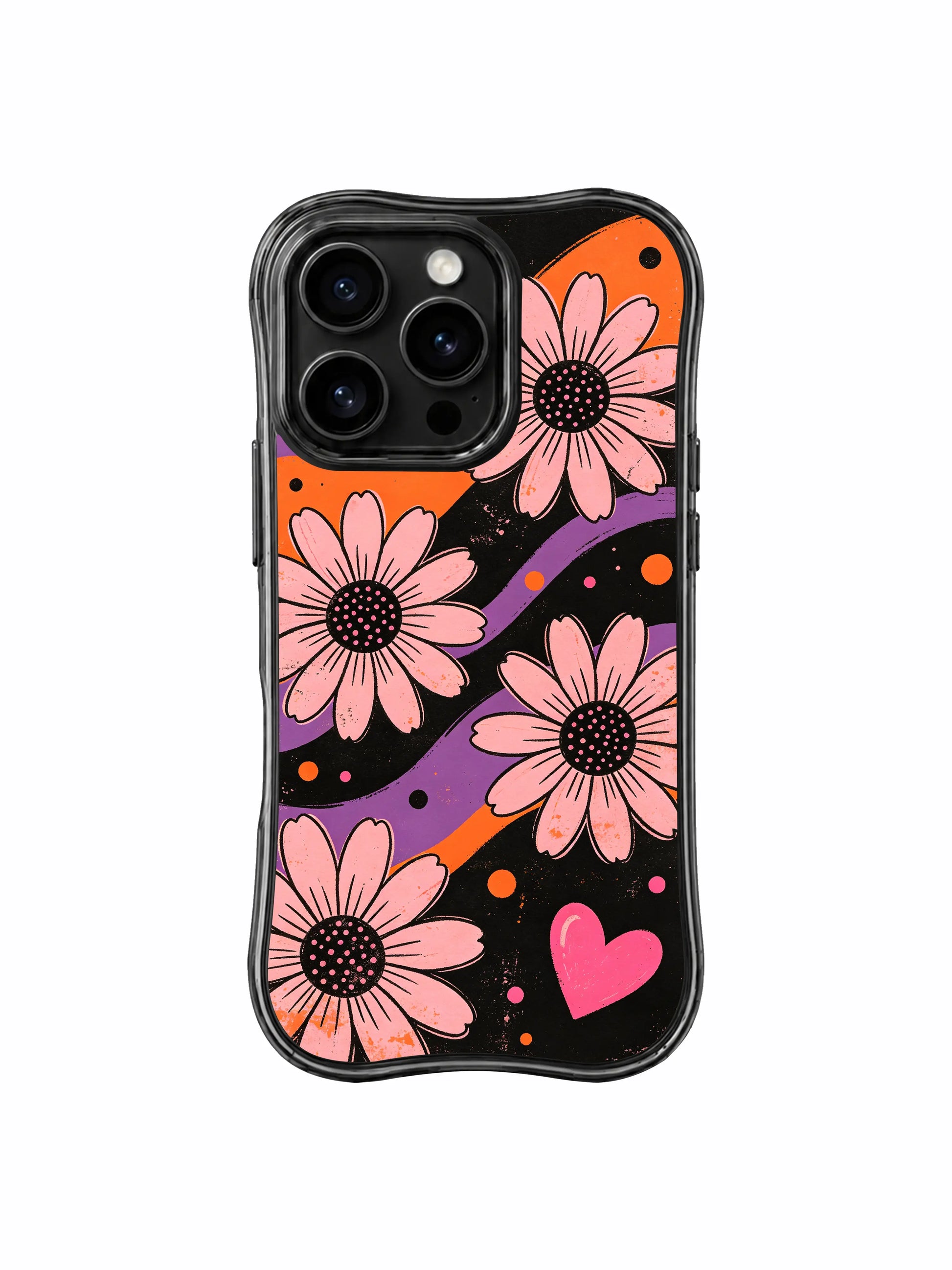 PhoneCasing iPhone 16 pro Case with organic seamless blended slow drift lavender & warm orange fluid gradient ribbons crossing textured dark scratch grain canvas, paired with soft loose blush daisy blooms and miniature concealed pink hearts, Ruby Daze moody retro floral illustration, tough premium phone casing.