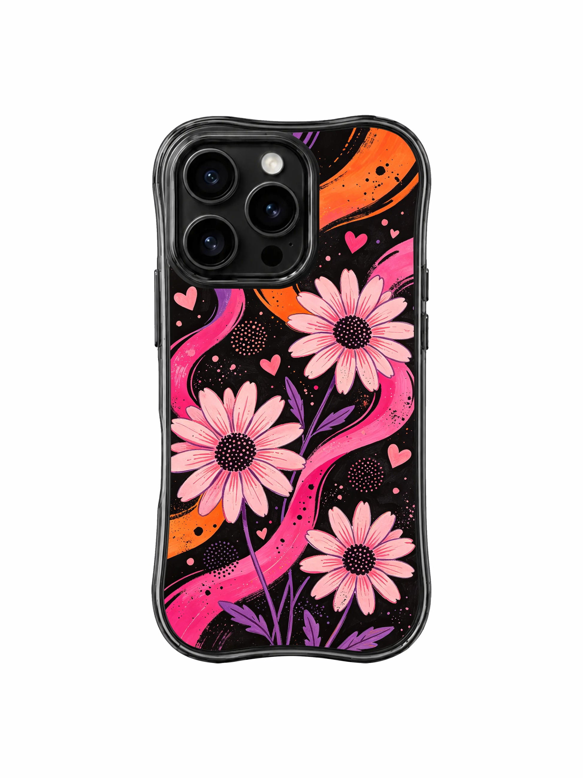 PhoneCasing iPhone 16 pro Case themed on gentle unyielding quiet affection, ethereal wistful hopeful whimsy and confident feminine sweet-cool individuality with dark grunge fluid ribbon blush daisy hidden heart dot signal graphics, Ruby Daze Daisy Love Riot printed wavy art casing.