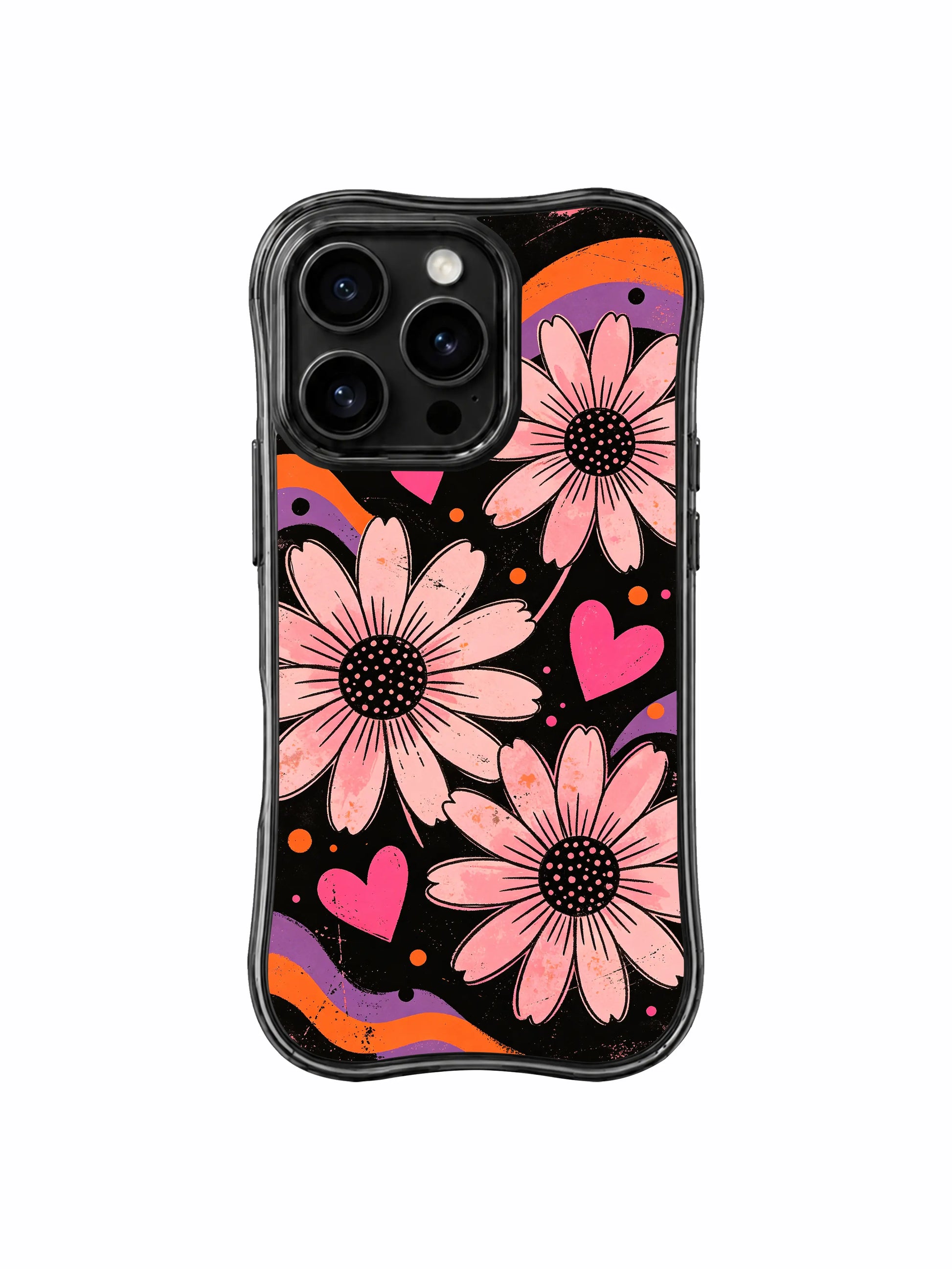 PhoneCasing iPhone 16 pro Case themed on gentle unyielding quiet affection, ethereal wistful hopeful whimsy and confident feminine sweet-cool individuality with dark grunge fluid ribbon blush daisy hidden heart dot signal graphics, Ruby Daze Daisy Love Riot printed wavy art casing.