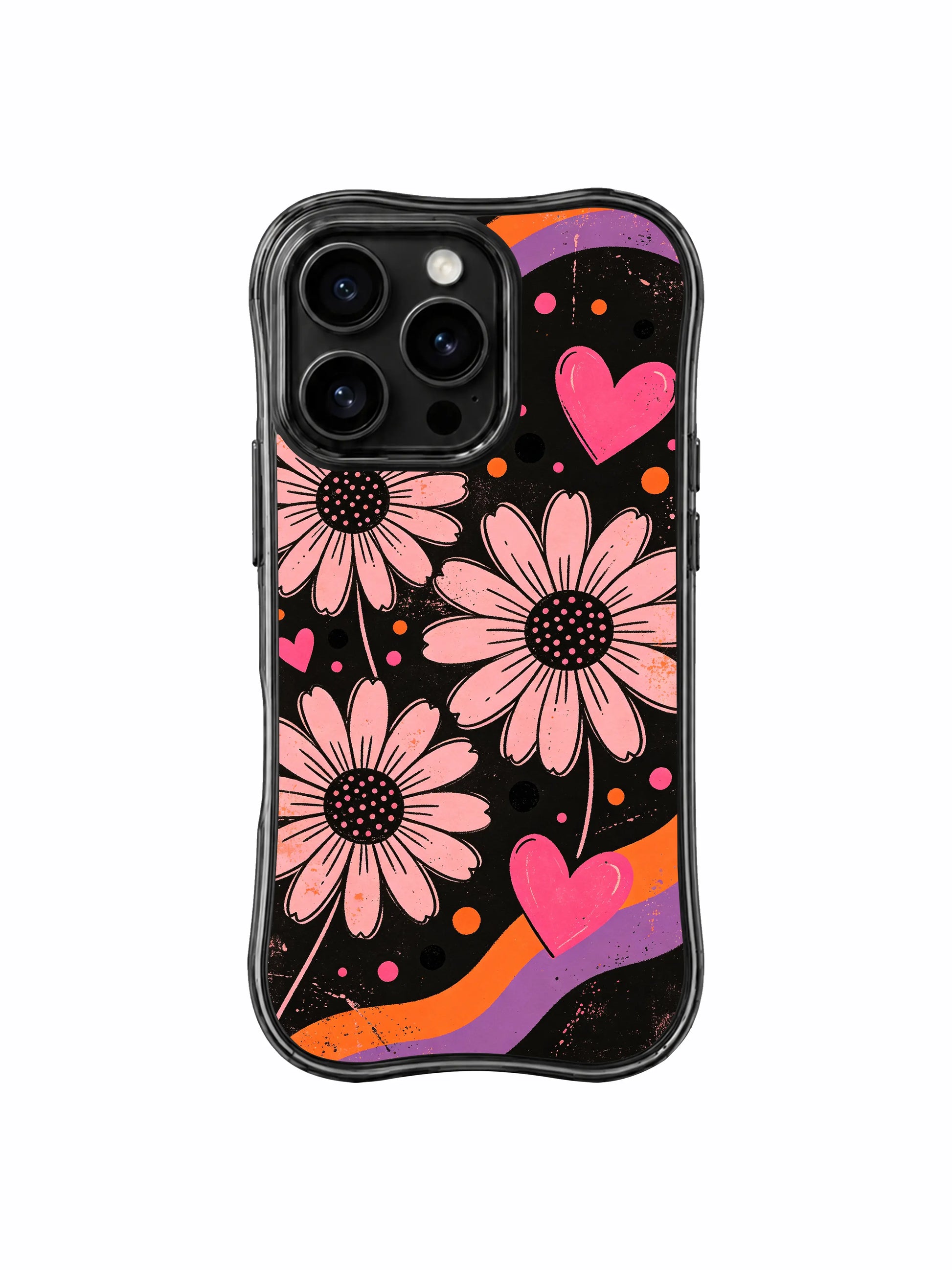 PhoneCasing iPhone 16 pro Case with scattered miniature solid pink heart silhouettes subtly hidden between slow swirling lavender orange fluid ribbons and soft pale blush daisy blooms on textured grunge black backdrop, quiet playful Ruby Daze Soft Pink Flower Signal dark dream floral design, stylish women’s phone casing.