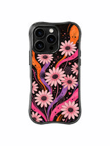 PhoneCasing iPhone 16 pro Case with scattered miniature solid pink heart silhouettes subtly hidden between slow swirling lavender orange fluid ribbons and soft pale blush daisy blooms on textured grunge black backdrop, quiet playful Ruby Daze Soft Pink Flower Signal dark dream floral design, stylish women’s phone casing.