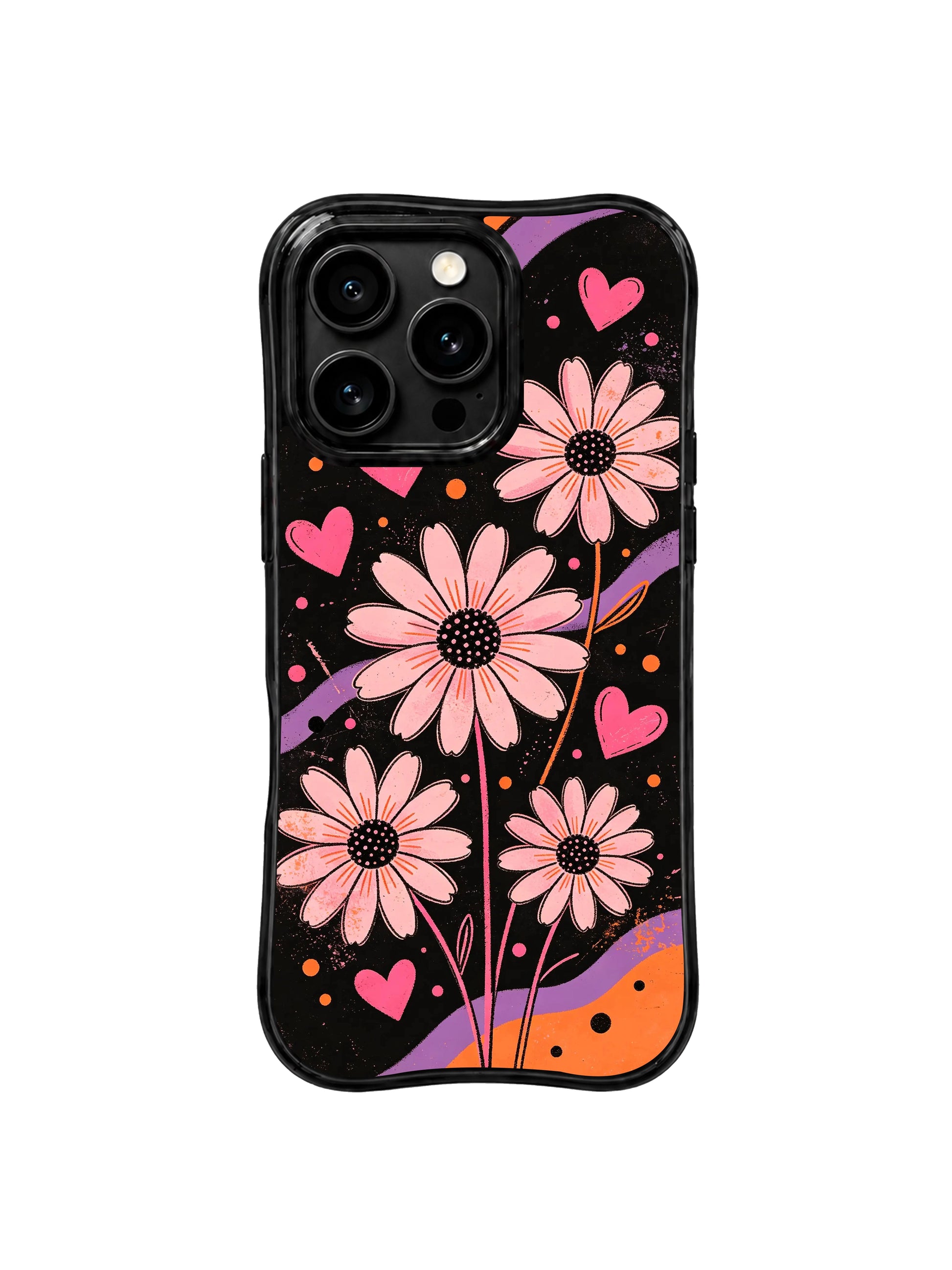 PhoneCasing iPhone 16 pro Case with imperfect organic soft loose watercolor wash outlines for pale blush daisy petals adding delicate gentle counterbalance to gritty worn dark grunge grain texture, Ruby Daze handmade moody sweet grunge pop art, gallery grade wavy print casing.