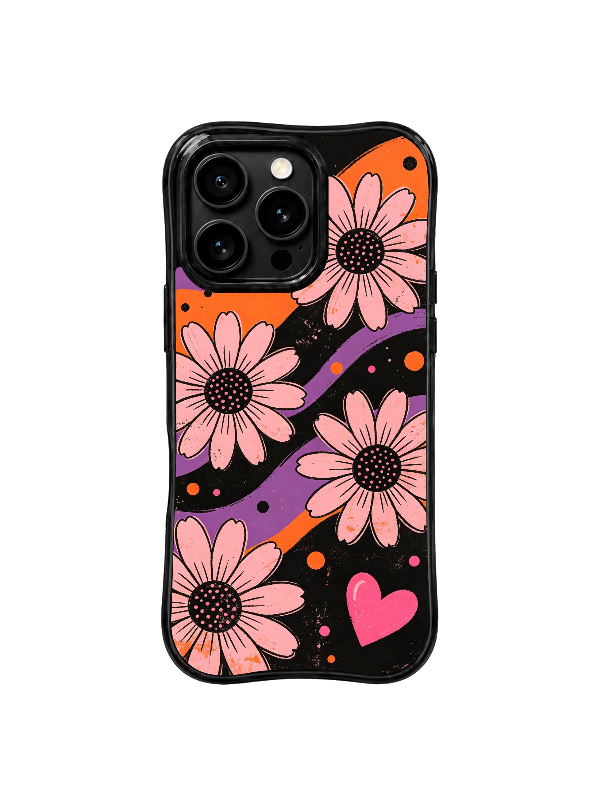 PhoneCasing iPhone 16 pro Case themed on gentle unyielding quiet affection, ethereal wistful hopeful whimsy and confident feminine sweet-cool individuality with dark grunge fluid ribbon blush daisy hidden heart dot signal graphics, Ruby Daze Daisy Love Riot printed wavy art casing.