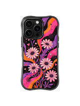 PhoneCasing iPhone 16 pro Case with soft loose wash pale blush daisy petals and subtle tucked solid pink heart silhouettes plus bright tiny dot signal speckles adding gentle hopeful warmth to gritty textured grunge black backdrop, Ruby Daze tender bold pop floral art, scratch resistant wavy casing.