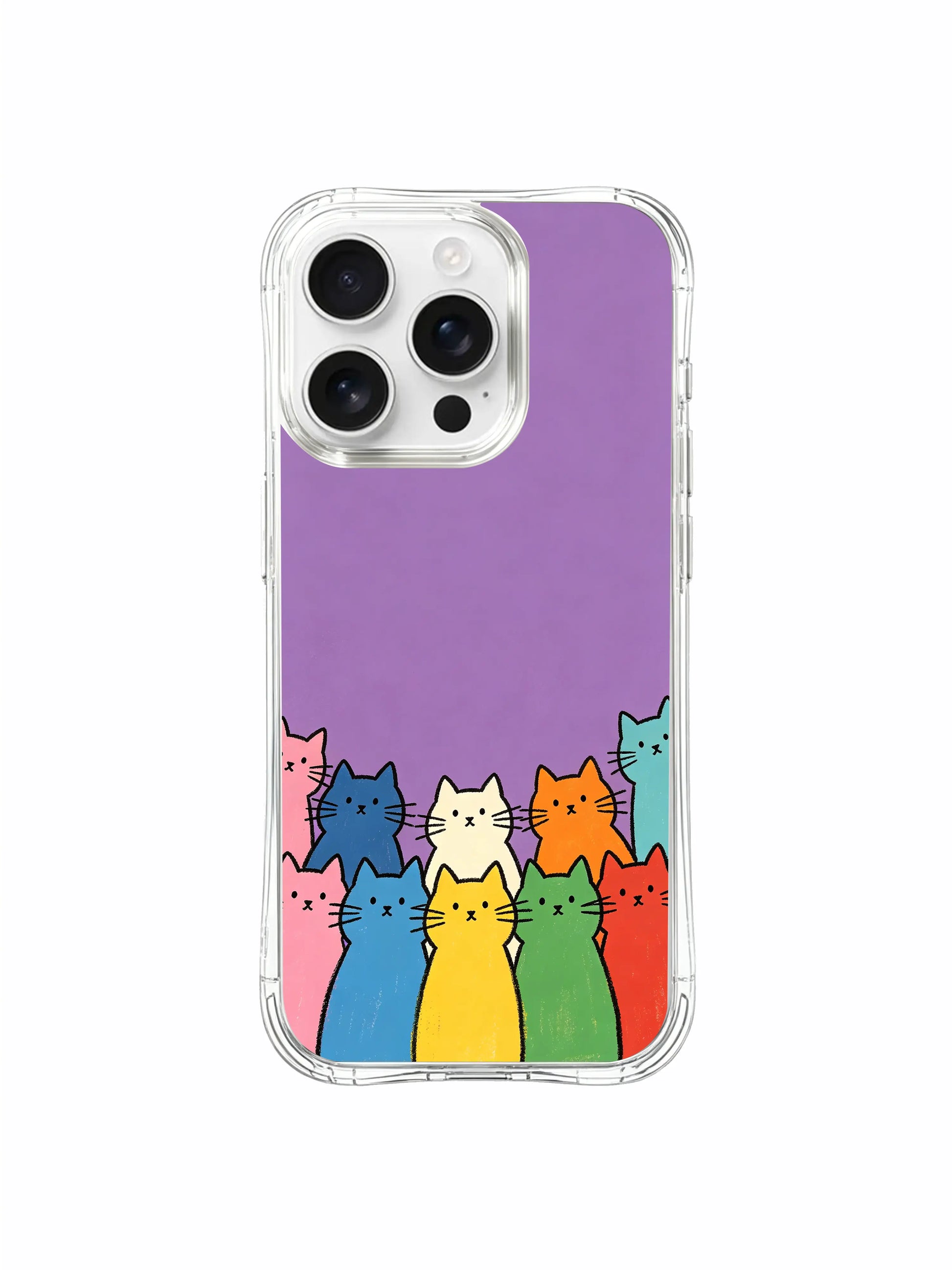 PhoneCasing iPhone 16 Pro Max with Soft Purple Cat Crew art, a calm yet lively team of colorful cats in a simple, joyful style.