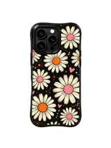 PhoneCasing iPhone 16 pro Case with quiet gentle everyday happiness vibe freely blooming cream daisies across matte black vintage grain backdrop, Ruby Daze original warm retro pop art, premium print casing crafted in California.