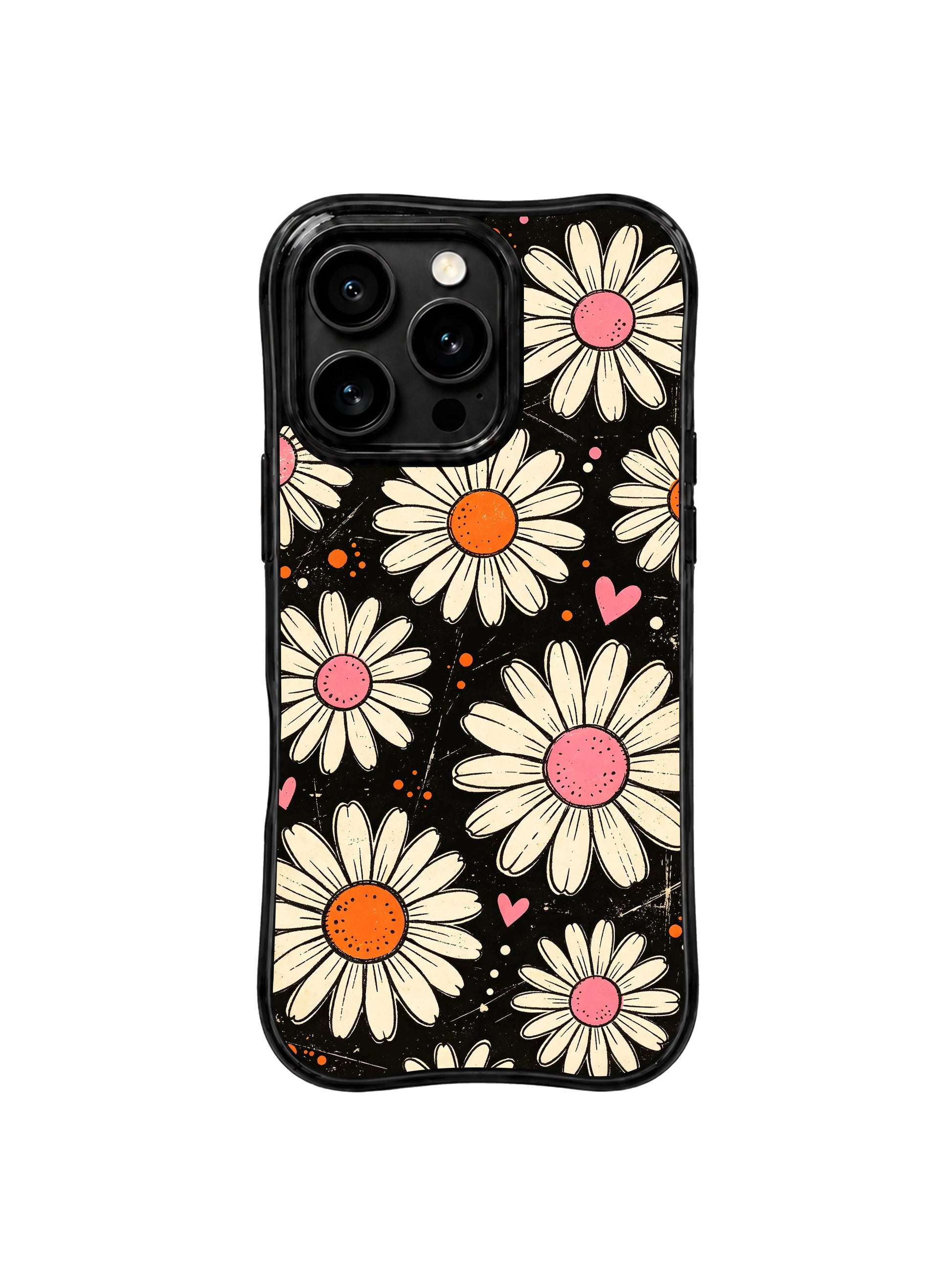 PhoneCasing iPhone 16 pro Case with quiet gentle everyday happiness vibe freely blooming cream daisies across matte black vintage grain backdrop, Ruby Daze original warm retro pop art, premium print casing crafted in California.