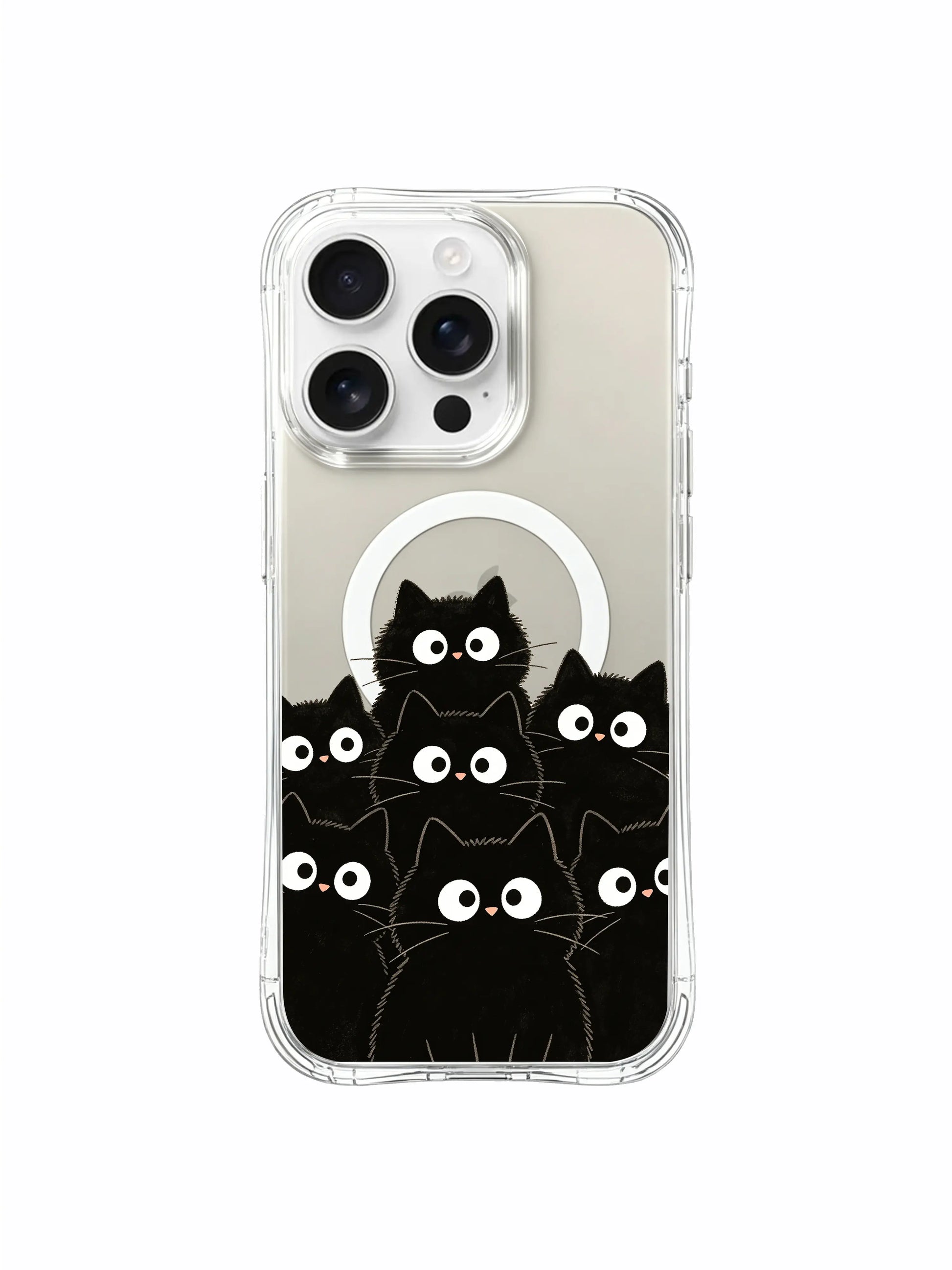 PhoneCasing iPhone 16 pro max clear case with black cats on a light background, a gentle and stylish design.