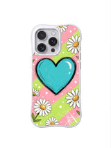 PhoneCasing iPhone 16 pro Case with light dreamy innocent vibe hand sketched white daisies surrounding glossy turquoise heart across pink-lime pastel polka dot backdrop, Ruby Daze original kawaii pastel pop art, premium print casing crafted in California.