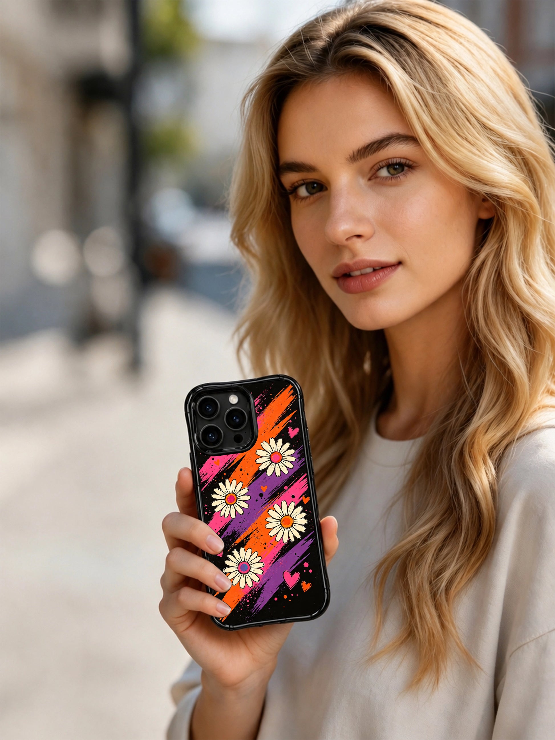 PhoneCasing iPhone 16 pro Case with gentle silky magenta orange violet slow ribbon swirl streaks multi-toned center daisy print, Ruby Daze Velvet Wave Blossoms artist-designed wavy casing for dreamy feminine style.
