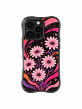 PhoneCasing iPhone 16 pro Case with faint uneven faded scratch grain and subtle uneven distressing as layered moody vintage poster texture details, exclusive Ruby Daze wearable wavy black frame dark dreamy floral sketch art.