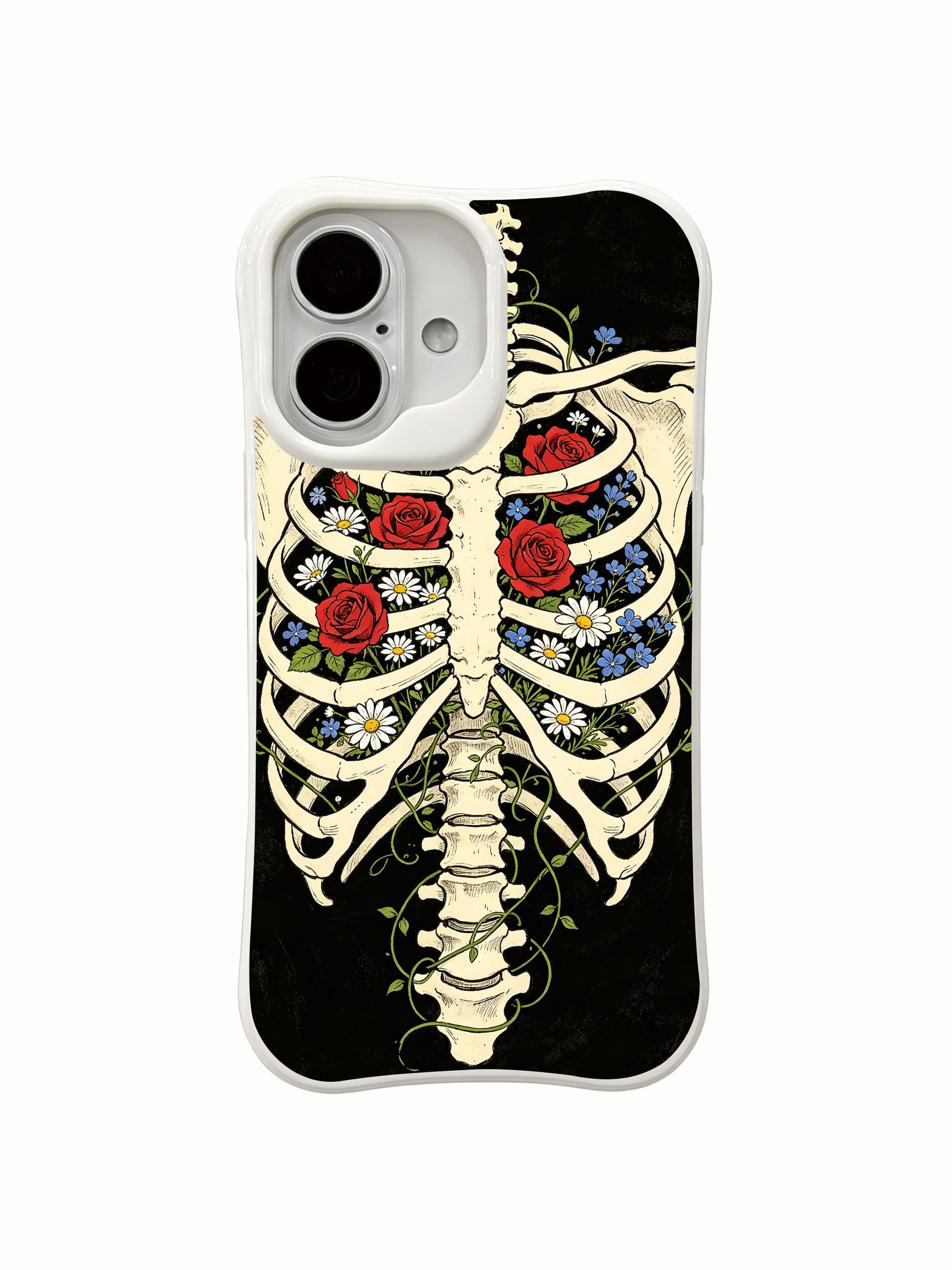 PhoneCasing softness-amid-darkness skeleton flower iPhone 16 Case, symbolic goth art about gentle floral life growing supported by rigid skeletal bones, MagSafe compatible custom printed iPhone 16 casing