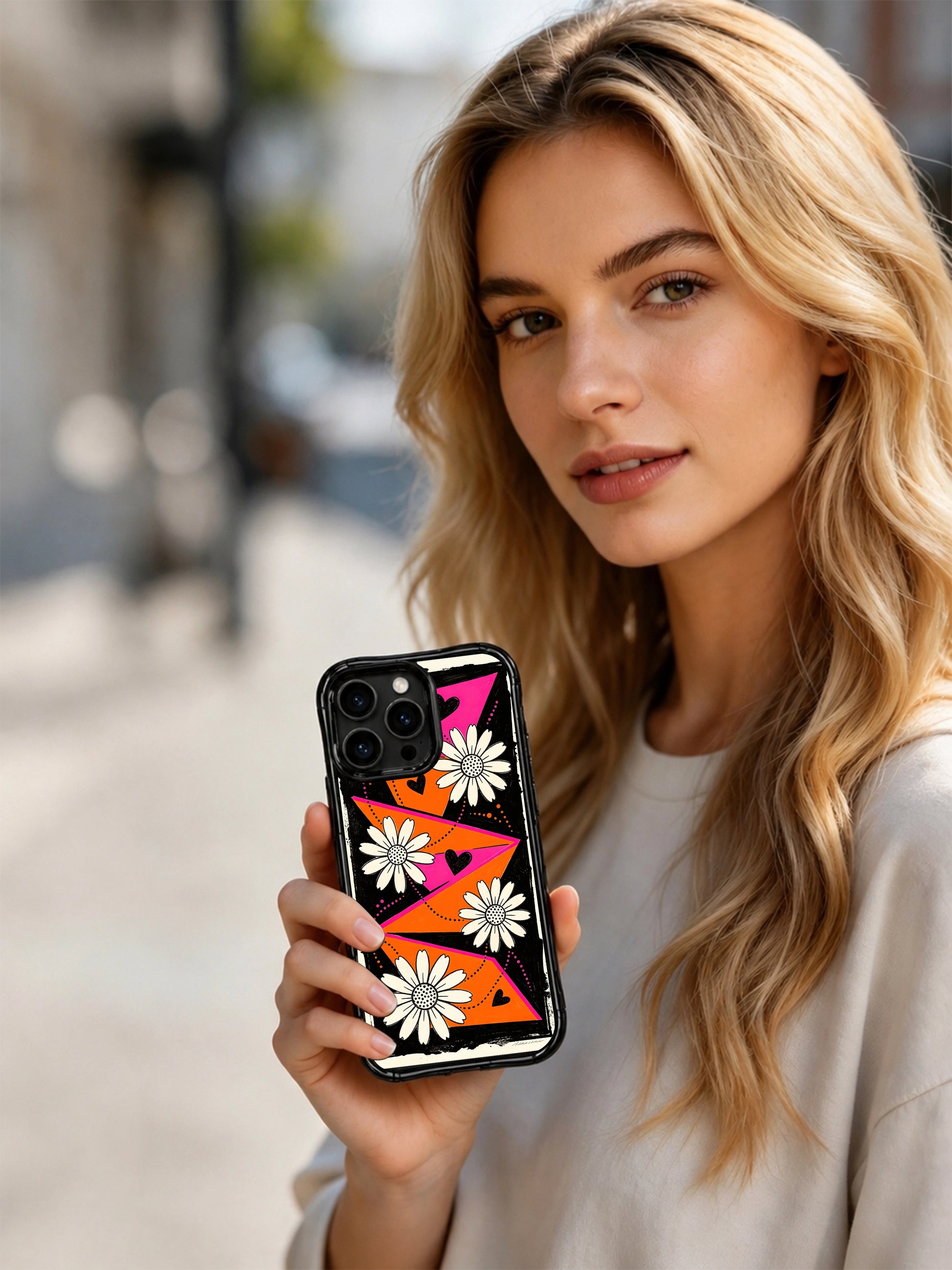 PhoneCasing iPhone 16 pro Case with simple black heart doodle accents scattered across geographic map daisy layout, part of Ruby Daze collection, fade resistant wavy art casing.