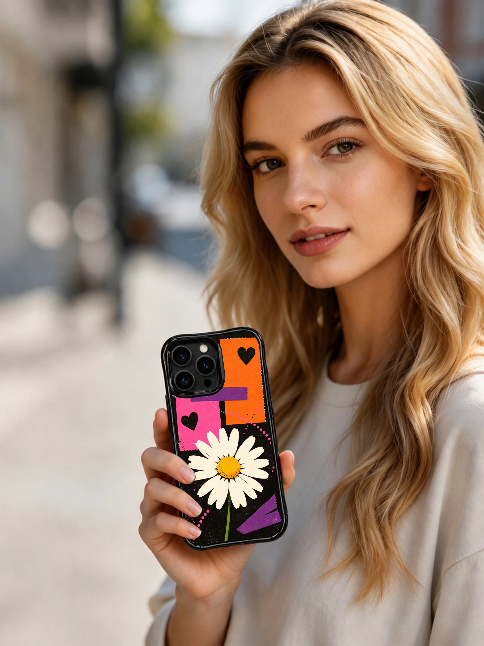 PhoneCasing iPhone 16 pro Case with bold solid miniature black heart cutouts and arching pink dotted signal trails layered over torn color block purple tape grunge street collage layout, part of Ruby Daze collection, fade resistant wavy art casing.
