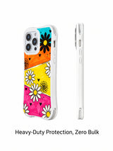 PhoneCasing iPhone 16 pro Case with sharp solid tiny black heart silhouettes and grouped halftone dot speckles layered over saturated diagonal color block layout, part of Ruby Daze collection, UV-printed wavy art casing.