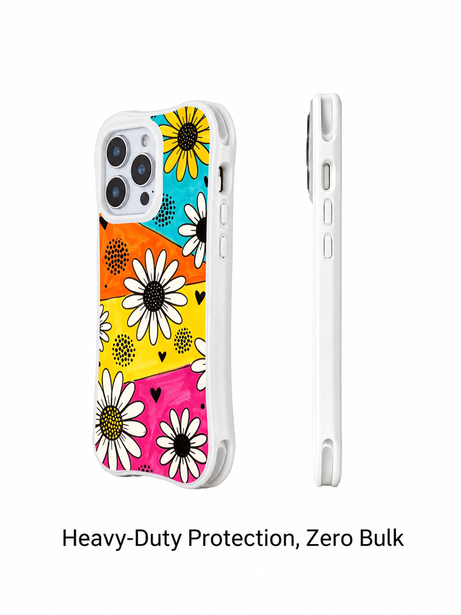PhoneCasing iPhone 16 pro Case with sharp solid tiny black heart silhouettes and grouped halftone dot speckles layered over saturated diagonal color block layout, part of Ruby Daze collection, fade resistant wavy art casing.