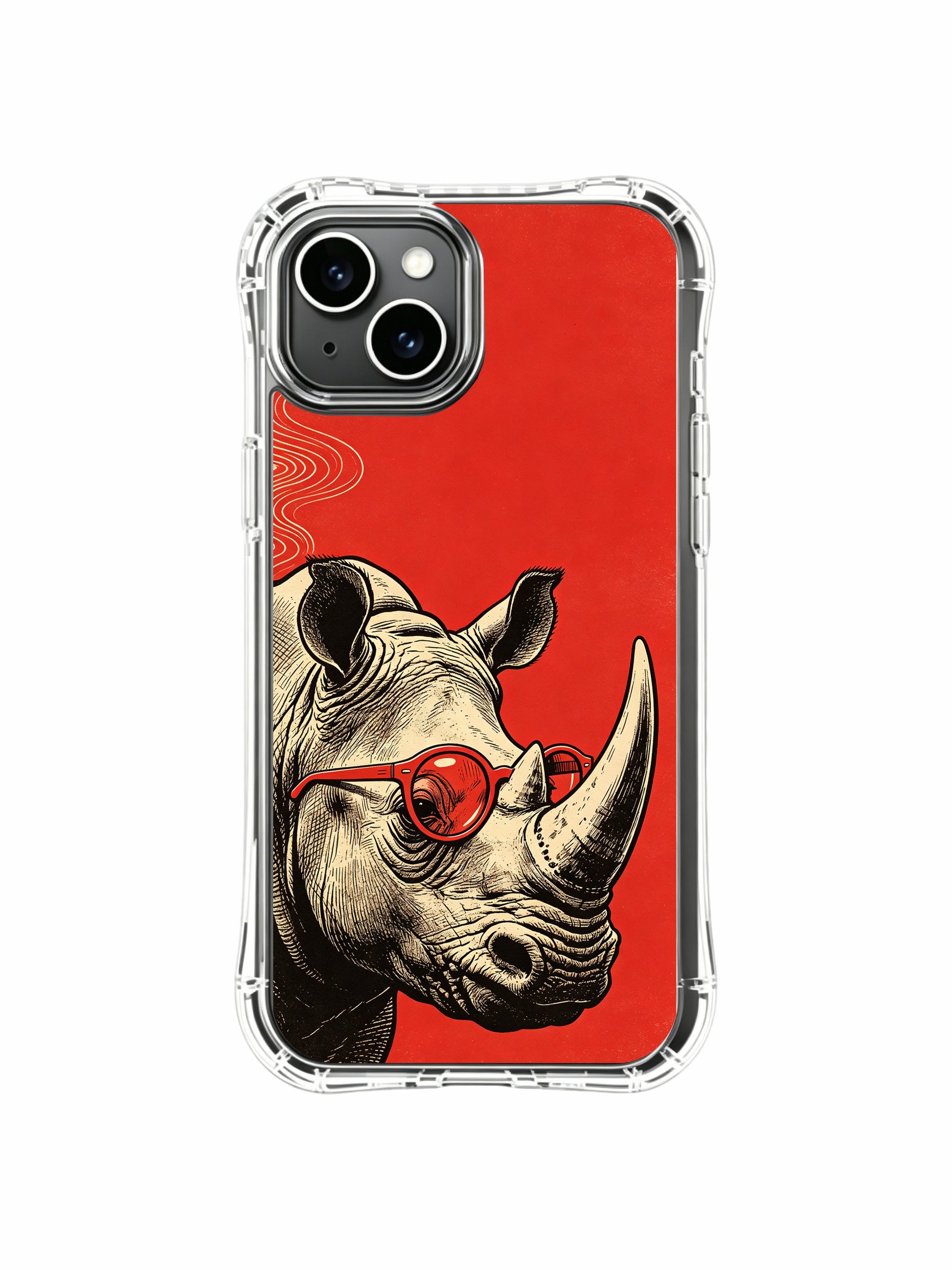 Solid vibrant red backdrop highlighting sculptural retro rhino on PhoneCasing iPhone 13 Case, limited collab gallery protective casing made in California.