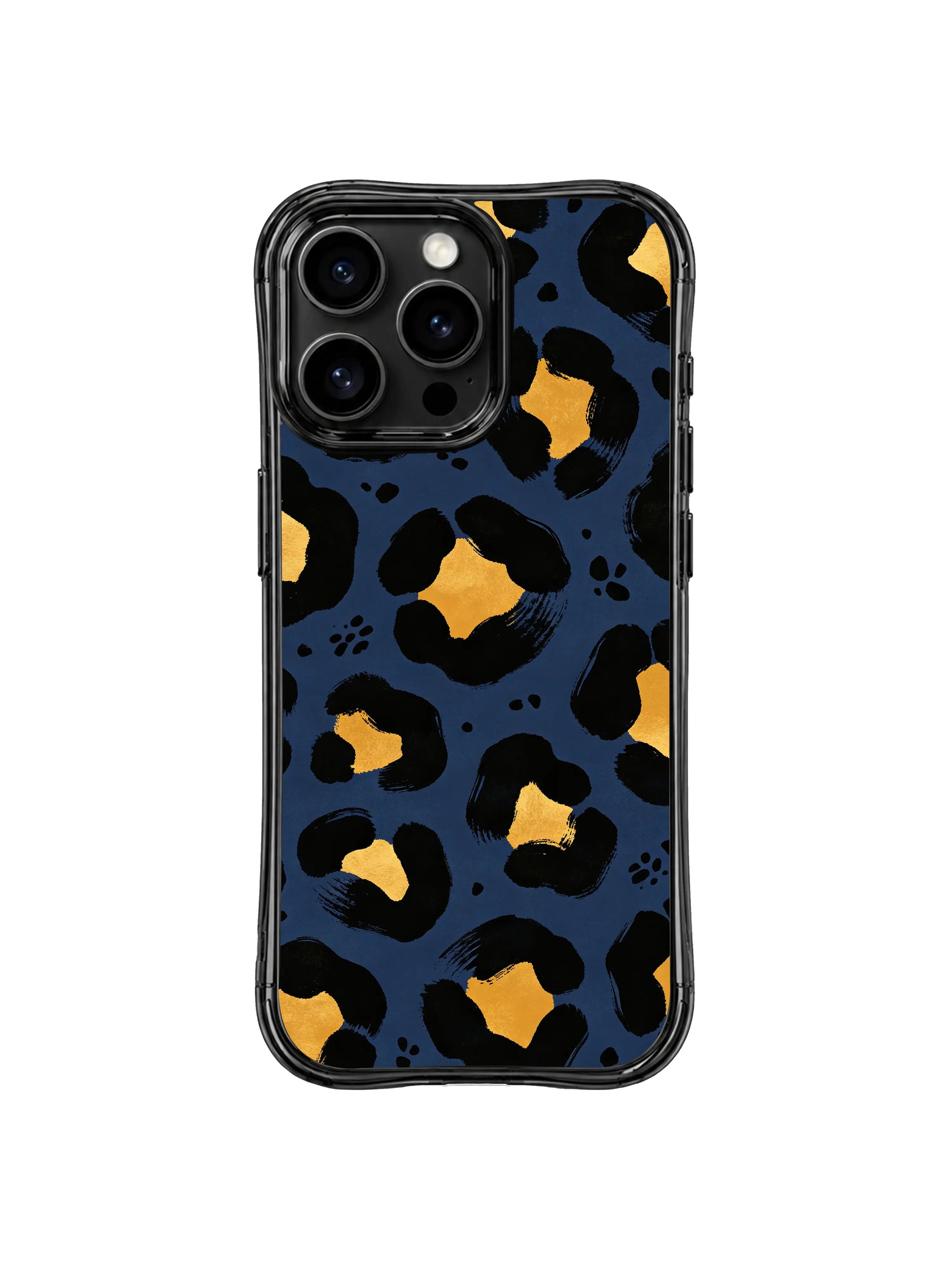 Elegant dark toned navy gold leopard iPhone 14 Pro Case from PhoneCasing, sophisticated wild art gift for art and fashion lovers, original hand drawn pattern designed by Roxy Wildhart