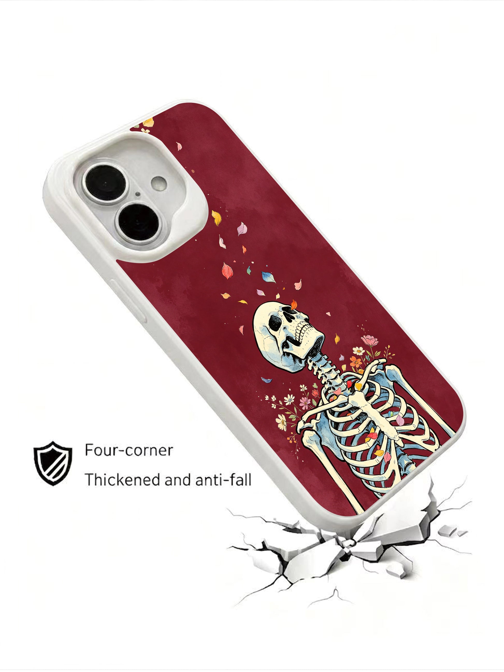 PhoneCasing Soul Release floral skeleton iPhone 16 Case, dark academia goth watercolor design with cascading flower petals, four-corner anti-drop reinforced casing crafted in USA