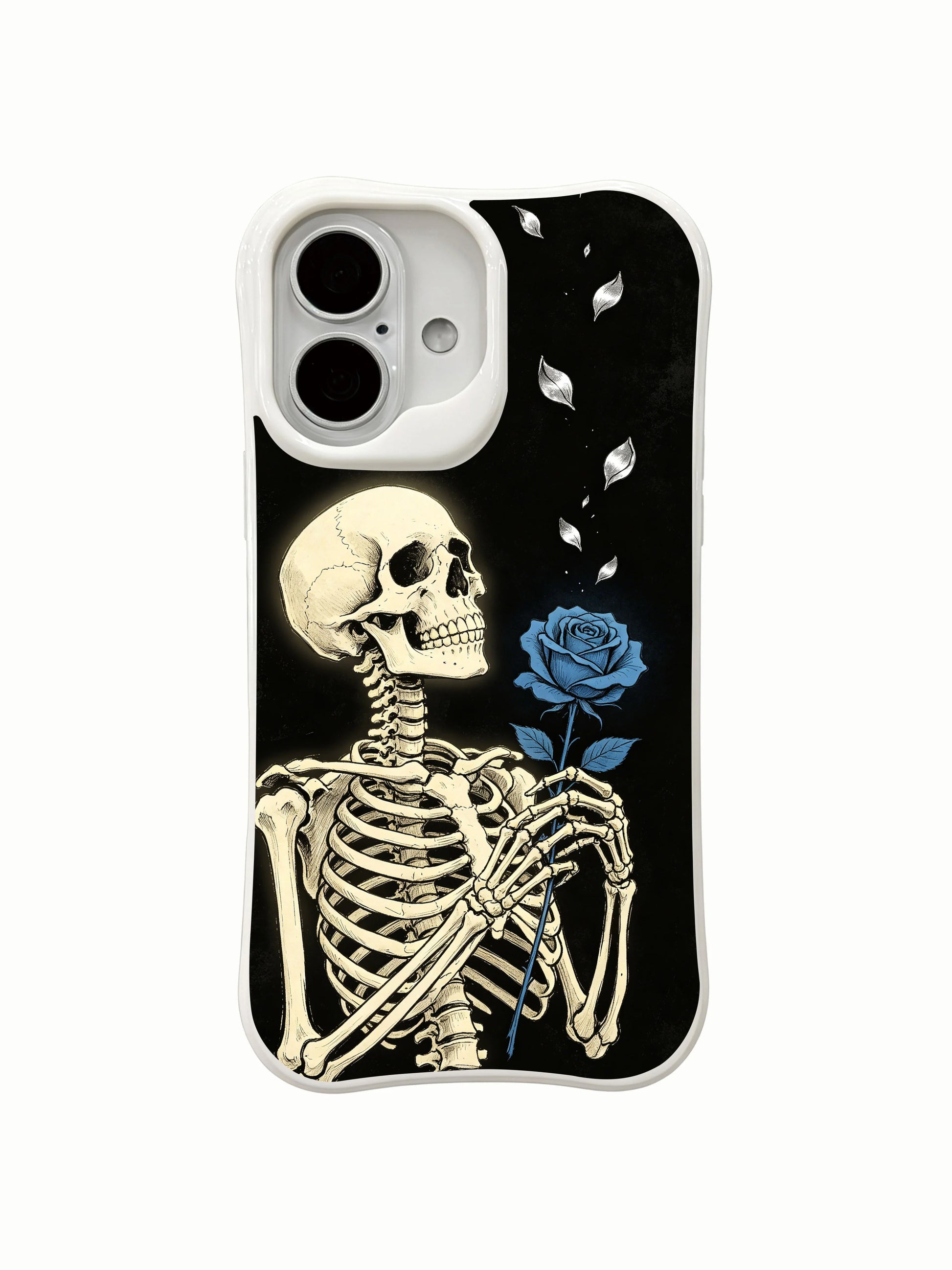 PhoneCasing Soul Stare miracle amid darkness skeleton blue rose iPhone 16 Case, symbolic goth art showing rare glowing blue bloom rising from rigid skeletal palm, MagSafe compatible custom printed iPhone 16 casing