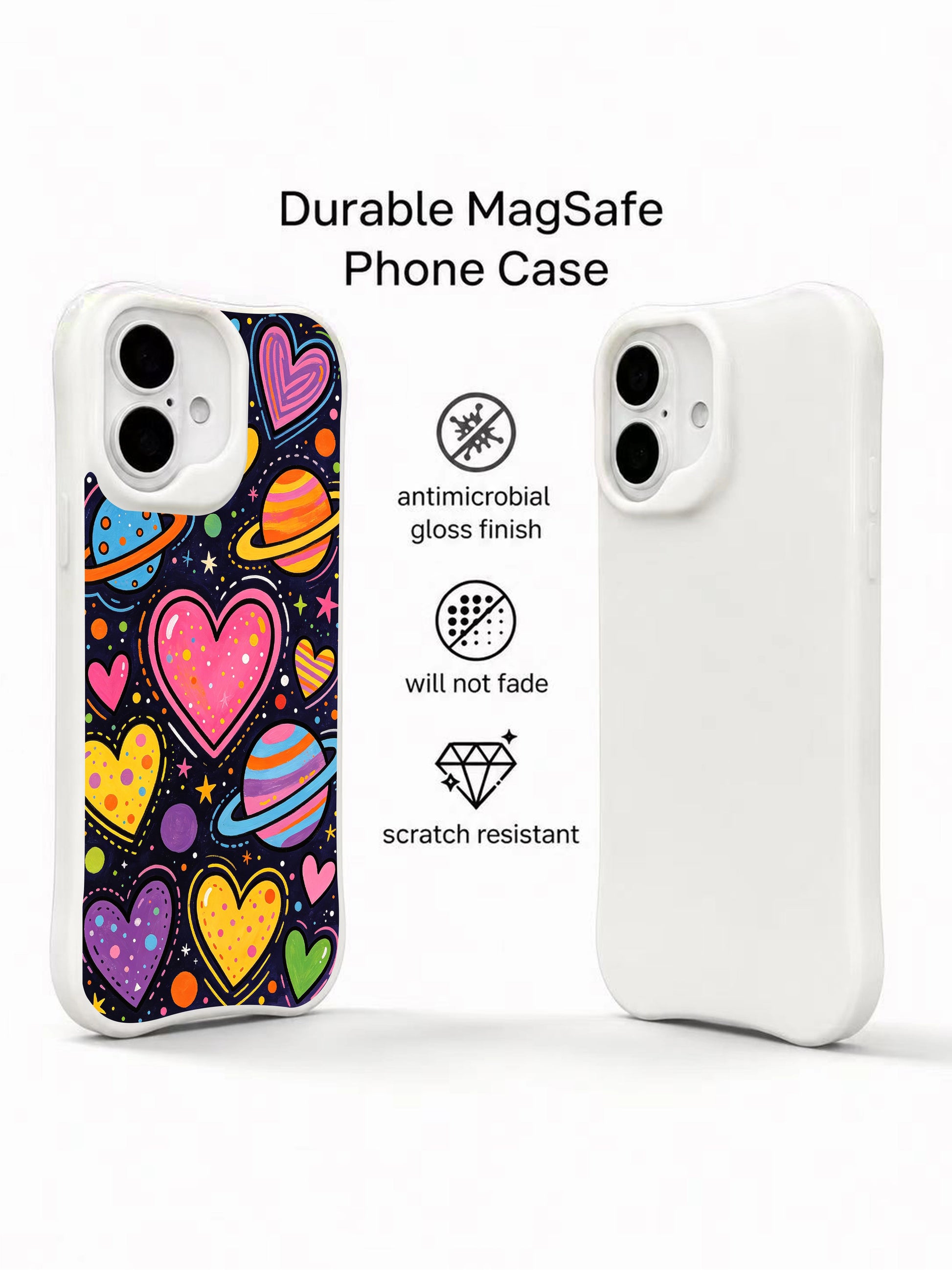 PhoneCasing Space Hearts Case for iPhone 16 Plus, a playful iPhone 16 plus casing with vibrant heart planets and celestial details.