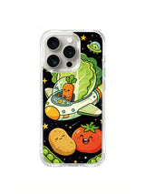 Vegetable crew circle artwork on an iPhone 16 Pro case