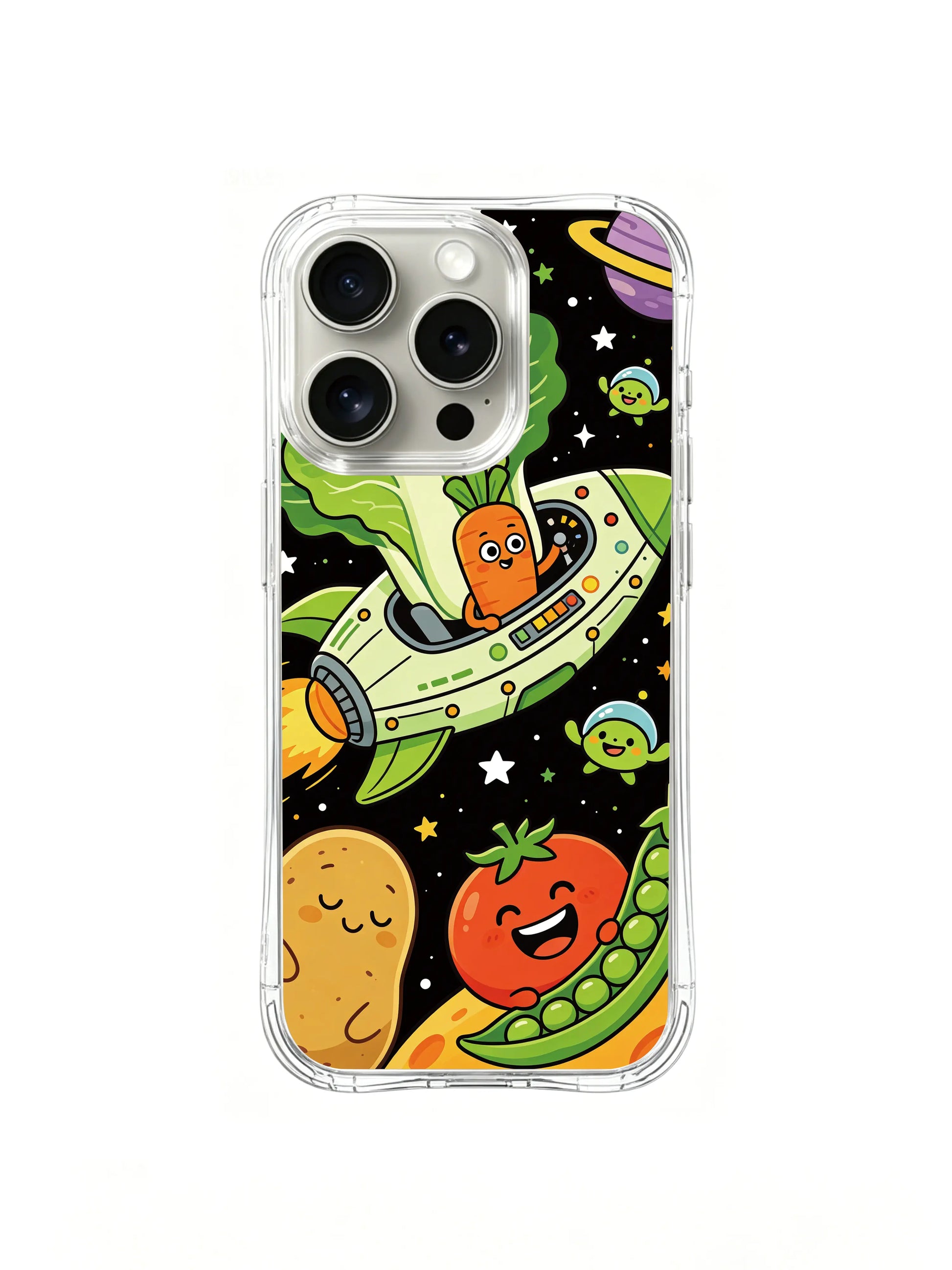 PhoneCasing iPhone 16 Pro Case with the veggie crew’s fun space adventure, exclusive Milo Yun design, premium wearable art casing.