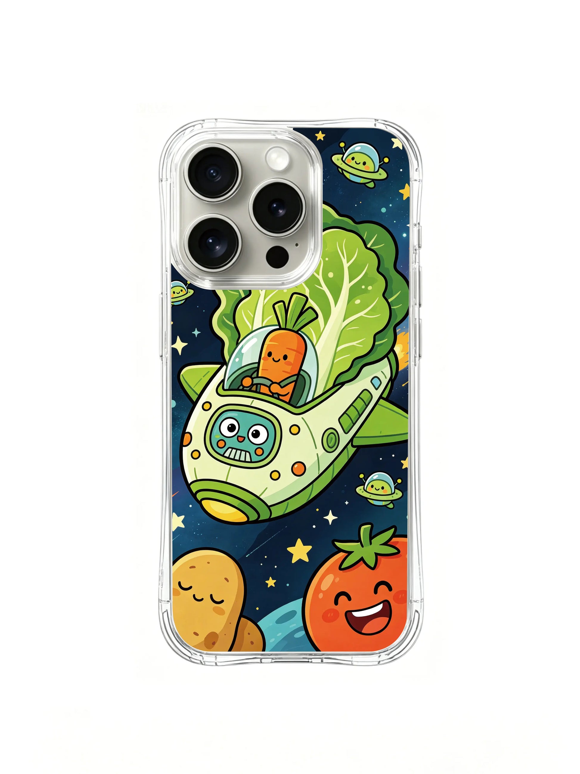 PhoneCasing iPhone 16 Pro Case with the vegetable crew traveling through the galaxy, exclusive Milo Yun design, high-quality printed art casing.