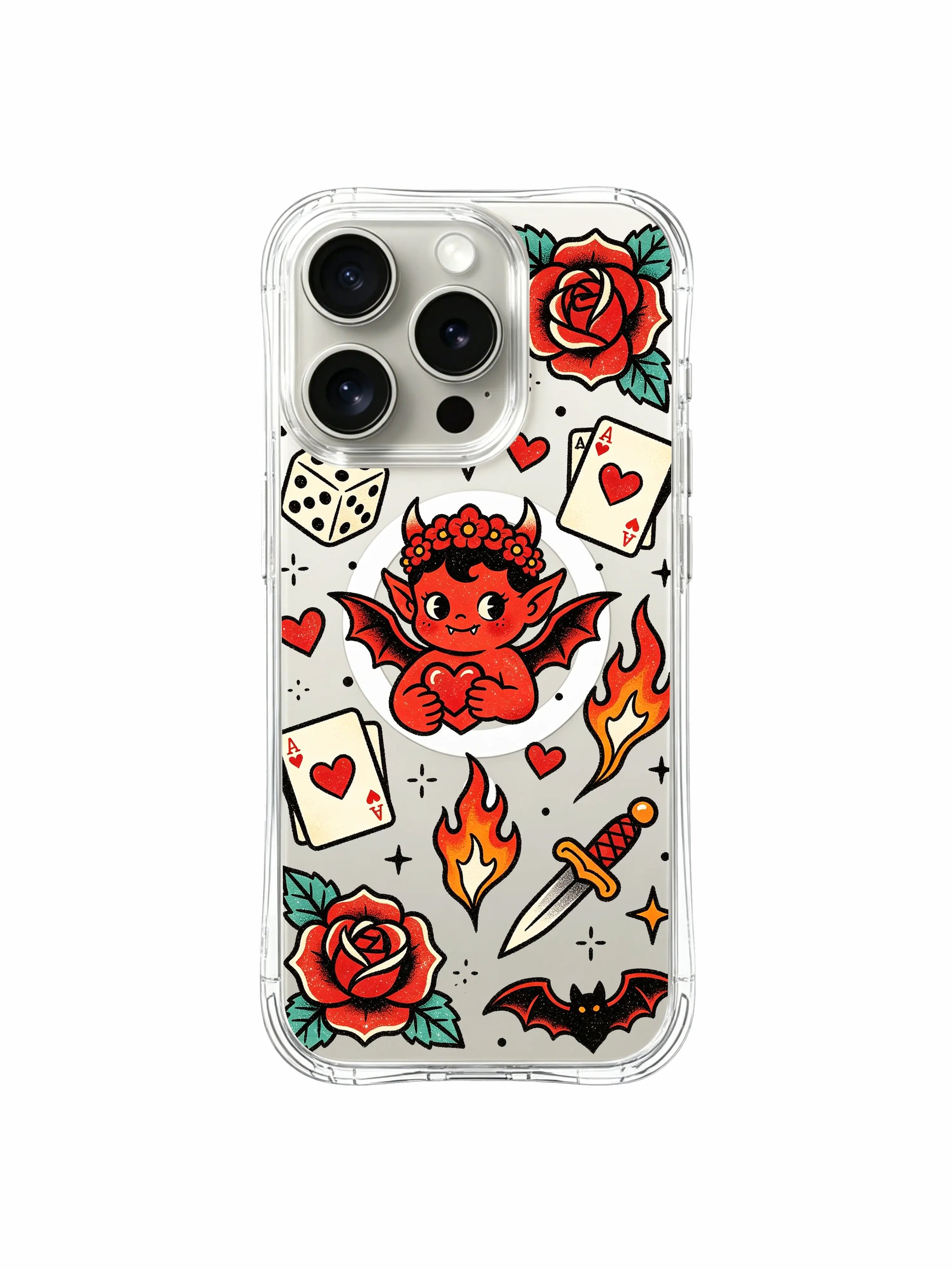 PhoneCasing iPhone 15 pro Case with speckle textured red devil paired with bat and full bloom roses, exclusive wearable fine art casing from California.