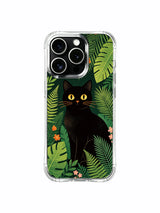 Sparse blossom layout PhoneCasing iPhone 13 pro Case, anti-abrasion phone casing with wildcat nestled deep in shadowed leaf clusters accented by sparse tiny tropical blooms, minimalist premium iPhone cover.