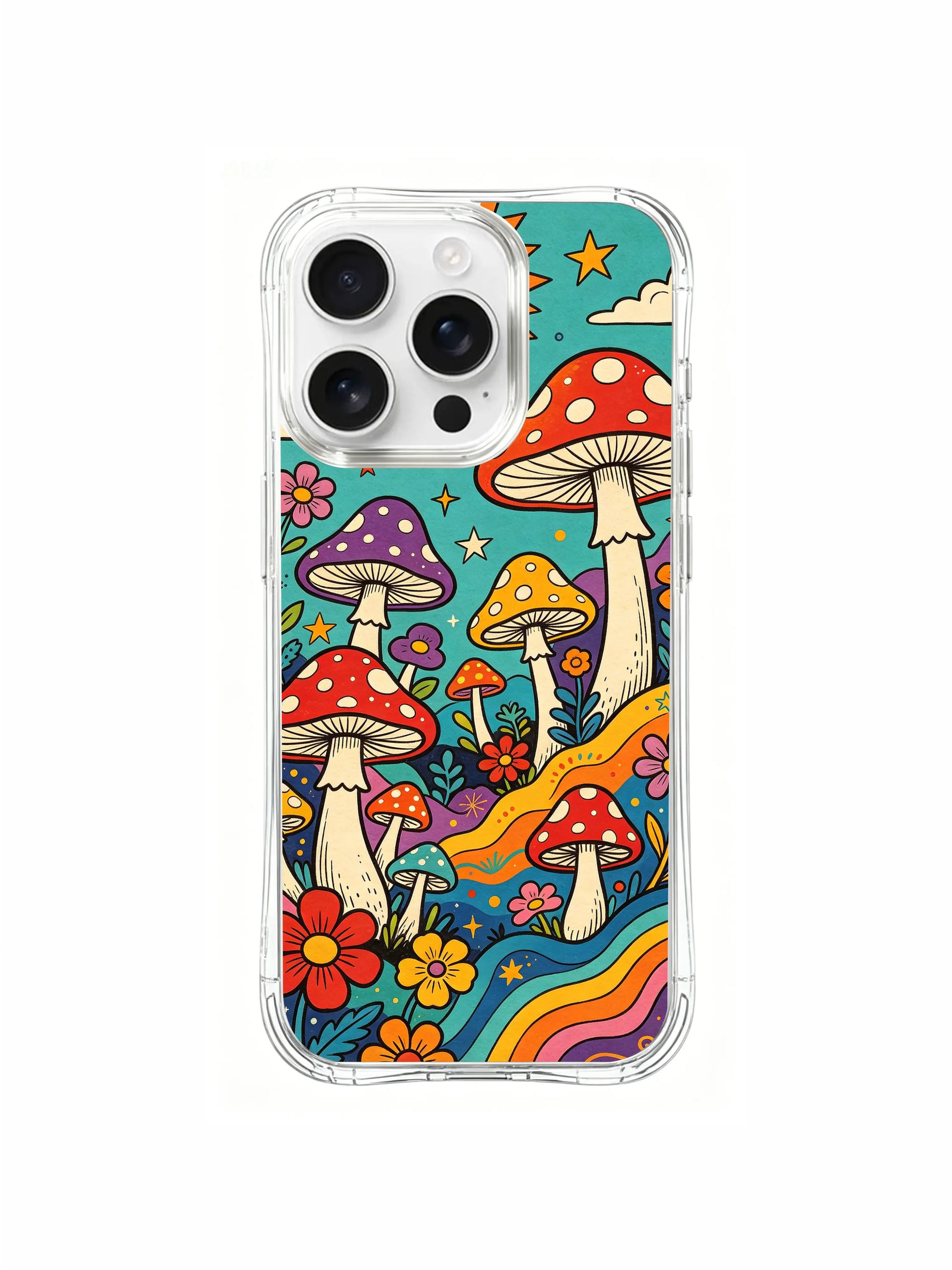 PhoneCasing iPhone 16 pro max Case, bespoke gallery-grade casing with spaced golden stars framing tall purple spotted amanita and rolling rainbow terrain, high-end wearable art casing for female shoppers