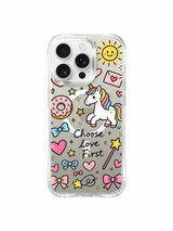 Speech Bubble Unicorn Love artwork on an iPhone 16 Pro Max case