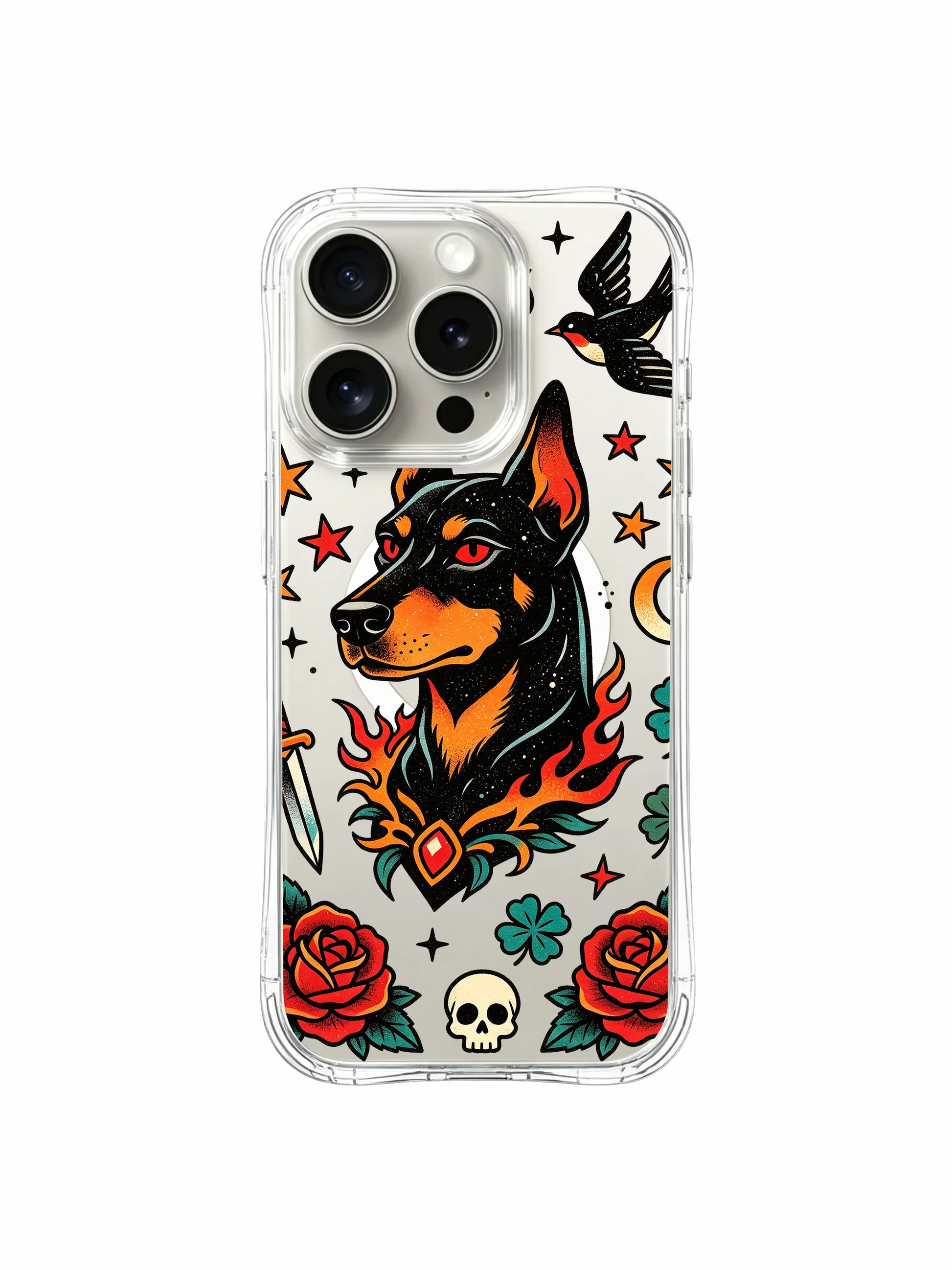 PhoneCasing iPhone 15 pro Case with spiked collar doberman old school tattoo design, exclusive Ruby Blackthorn wearable art casing, high-end protective phone cover for iPhone 15 pro.