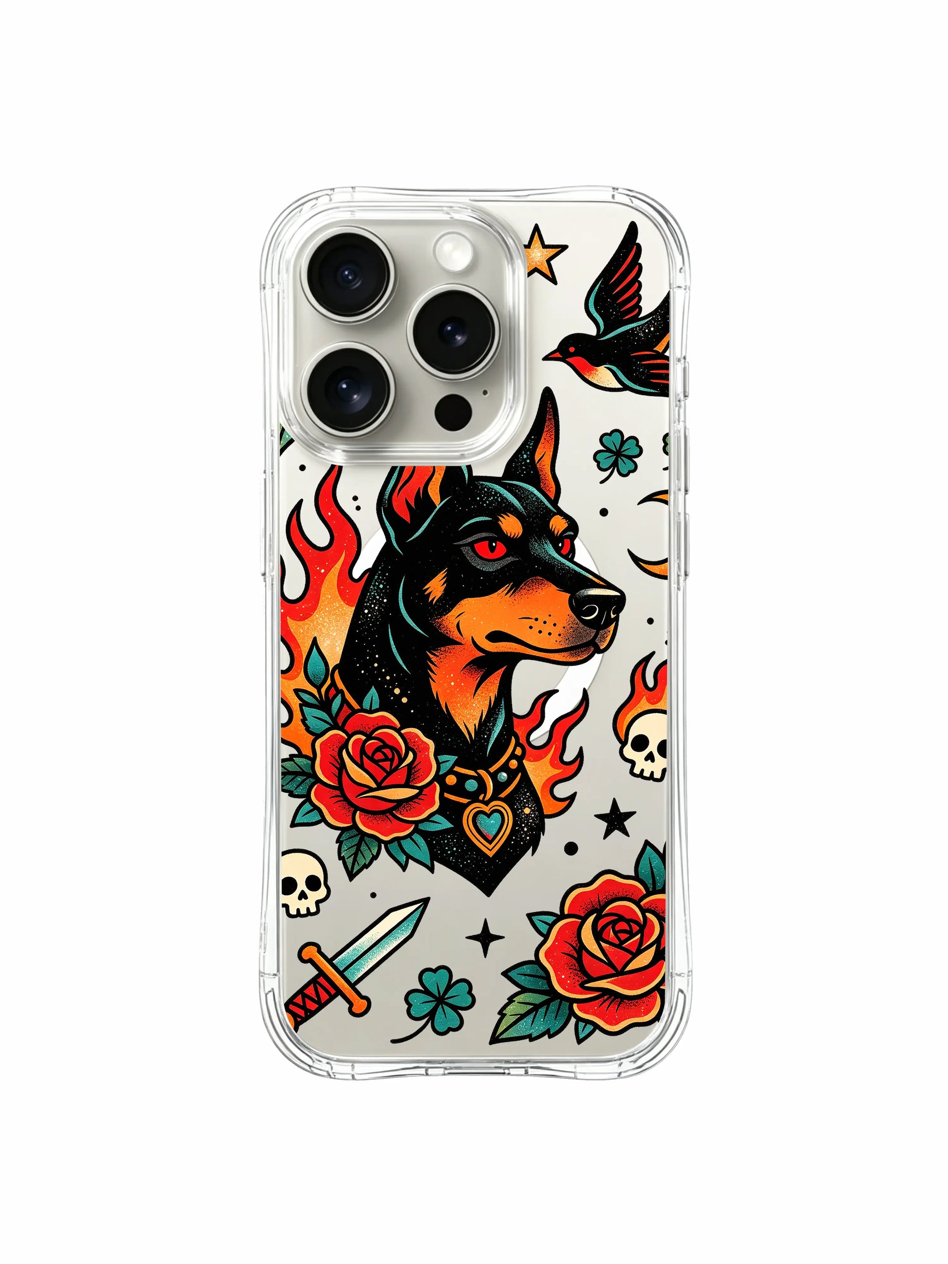 PhoneCasing iPhone 15 pro Case with studded heart collar loyal doberman illustration, luxury wearable art phone casing curated for women who love traditional tattoo artwork.