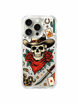 Cowboy skull with cactus, card and scroll border artwork on an iPhone 15 Pro case